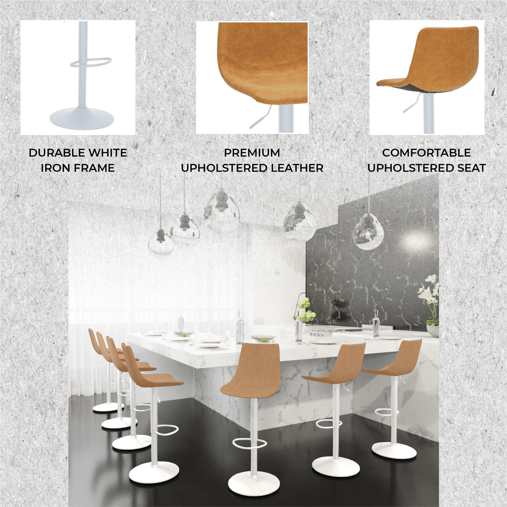 Tilbury Adjustable Height Bar Stool with Leather Upholstery in White Iron with Footrest Bar Stools Leisuremod