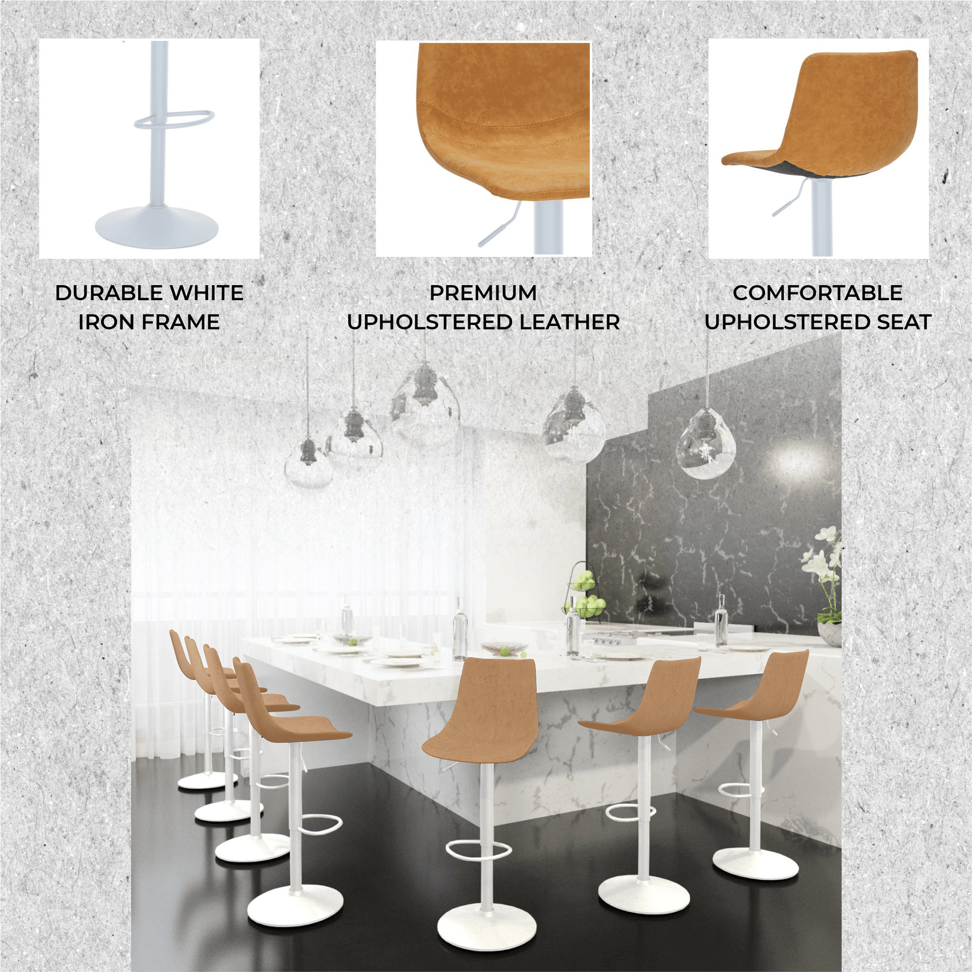 Tilbury Adjustable Height Bar Stool with Leather Upholstery in White Iron with Footrest Bar Stools Leisuremod