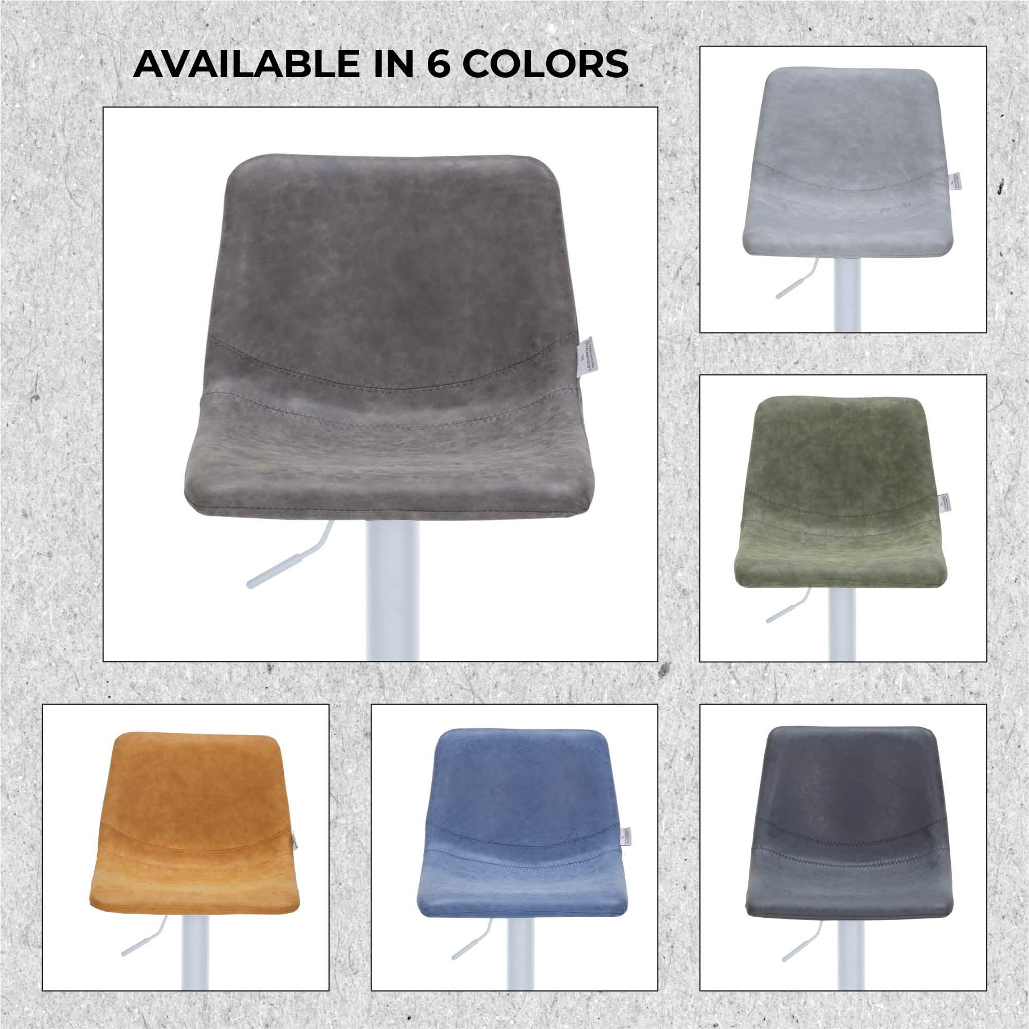 Tilbury Adjustable Height Bar Stool with Leather Upholstery in White Iron with Footrest Bar Stools Leisuremod