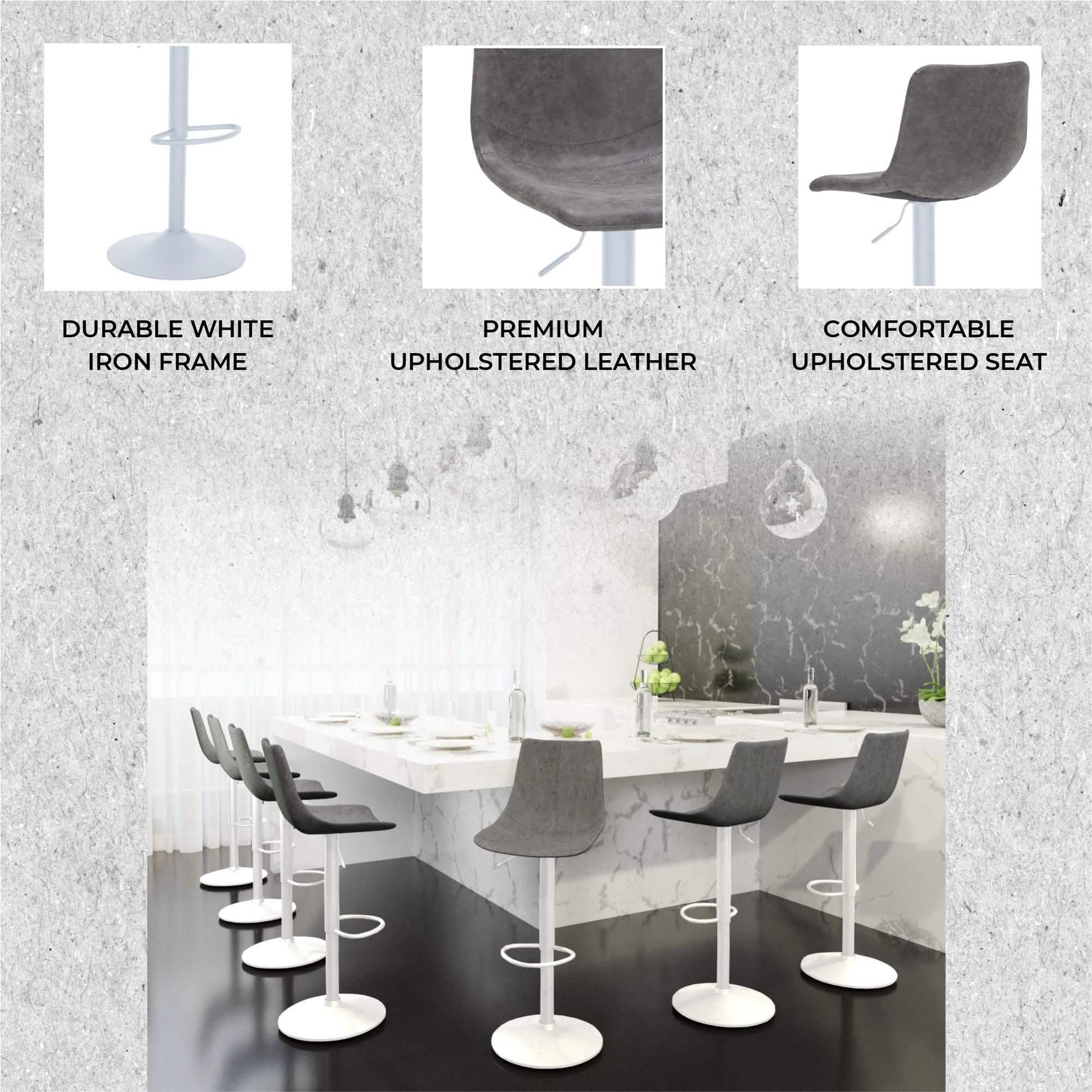 Tilbury Adjustable Height Bar Stool with Leather Upholstery in White Iron with Footrest Bar Stools Leisuremod