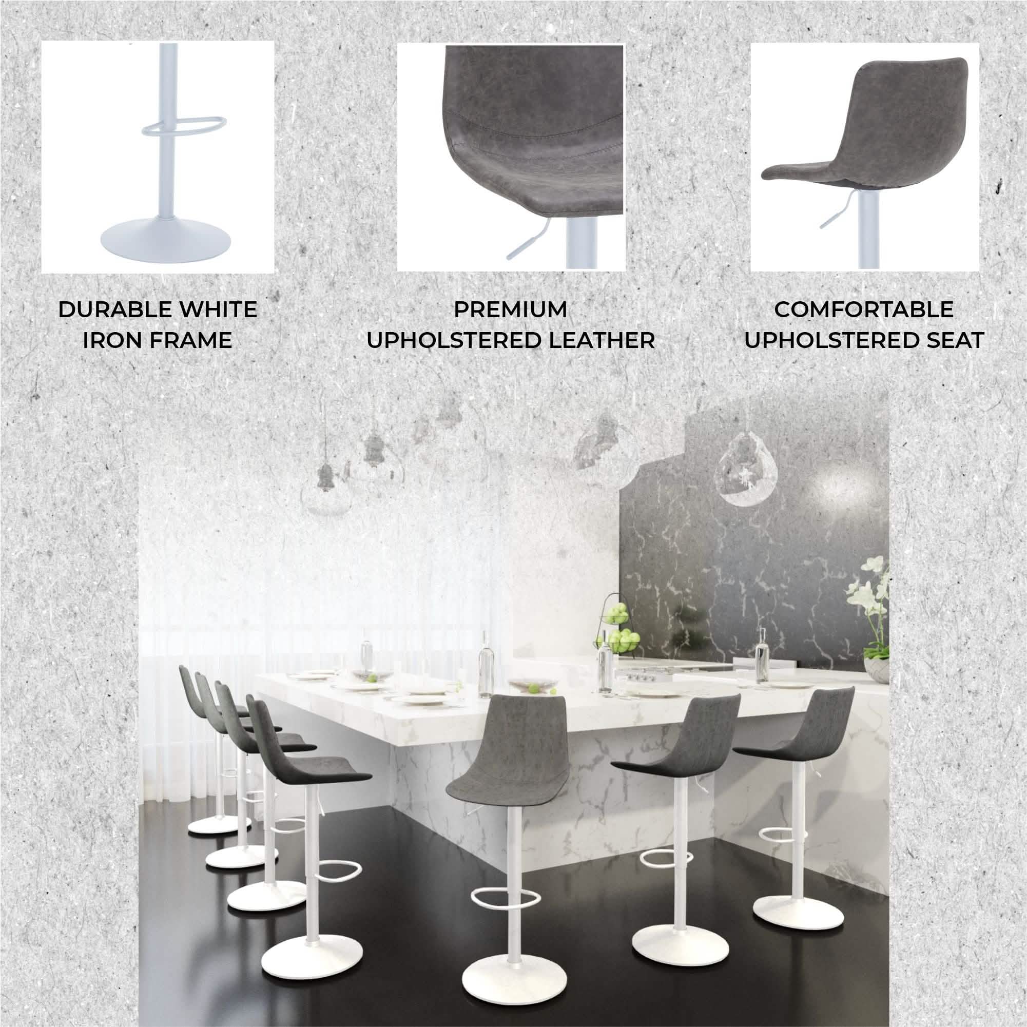 Tilbury Adjustable Height Bar Stool with Leather Upholstery in White Iron with Footrest Bar Stools Leisuremod