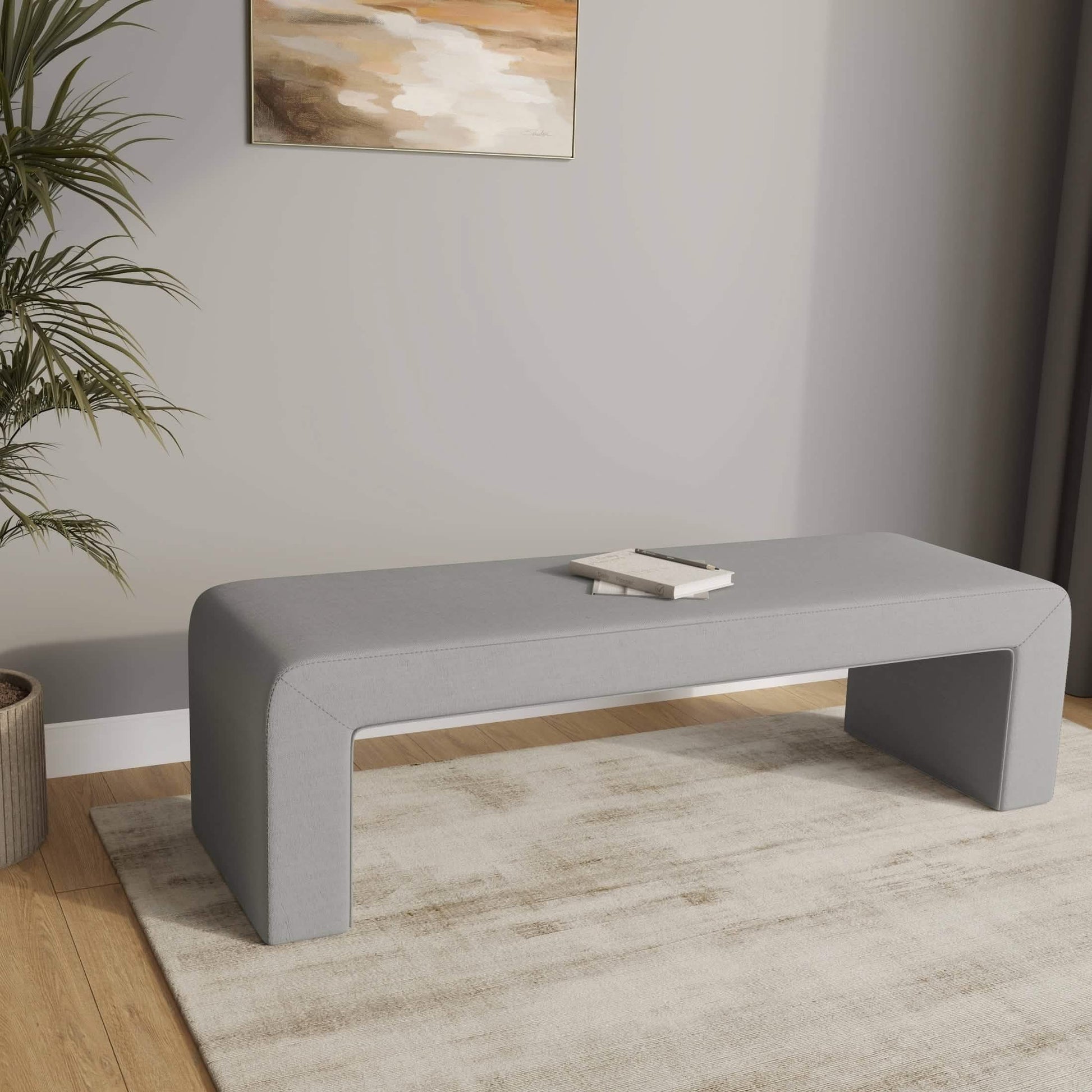 Vint 63" Wide Upholstered Bench in Boucle/Velvet with Curved Waterfall Design Light Grey BENCH Leisuremod