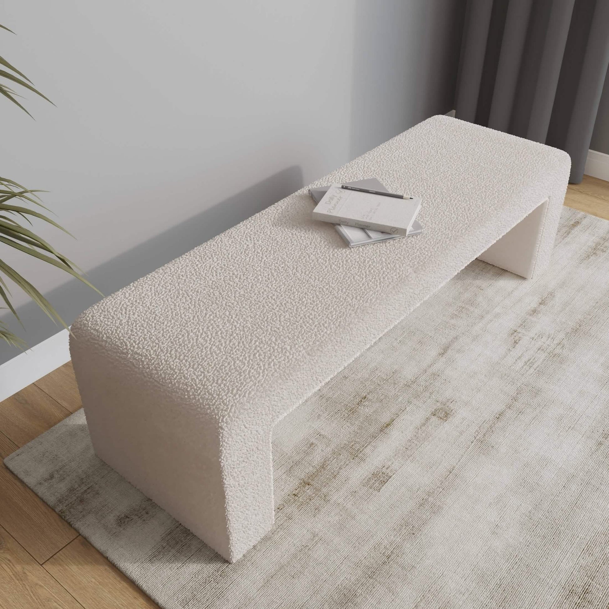 Vint 63" Wide Upholstered Bench in Boucle/Velvet with Curved Waterfall Design White BENCH Leisuremod