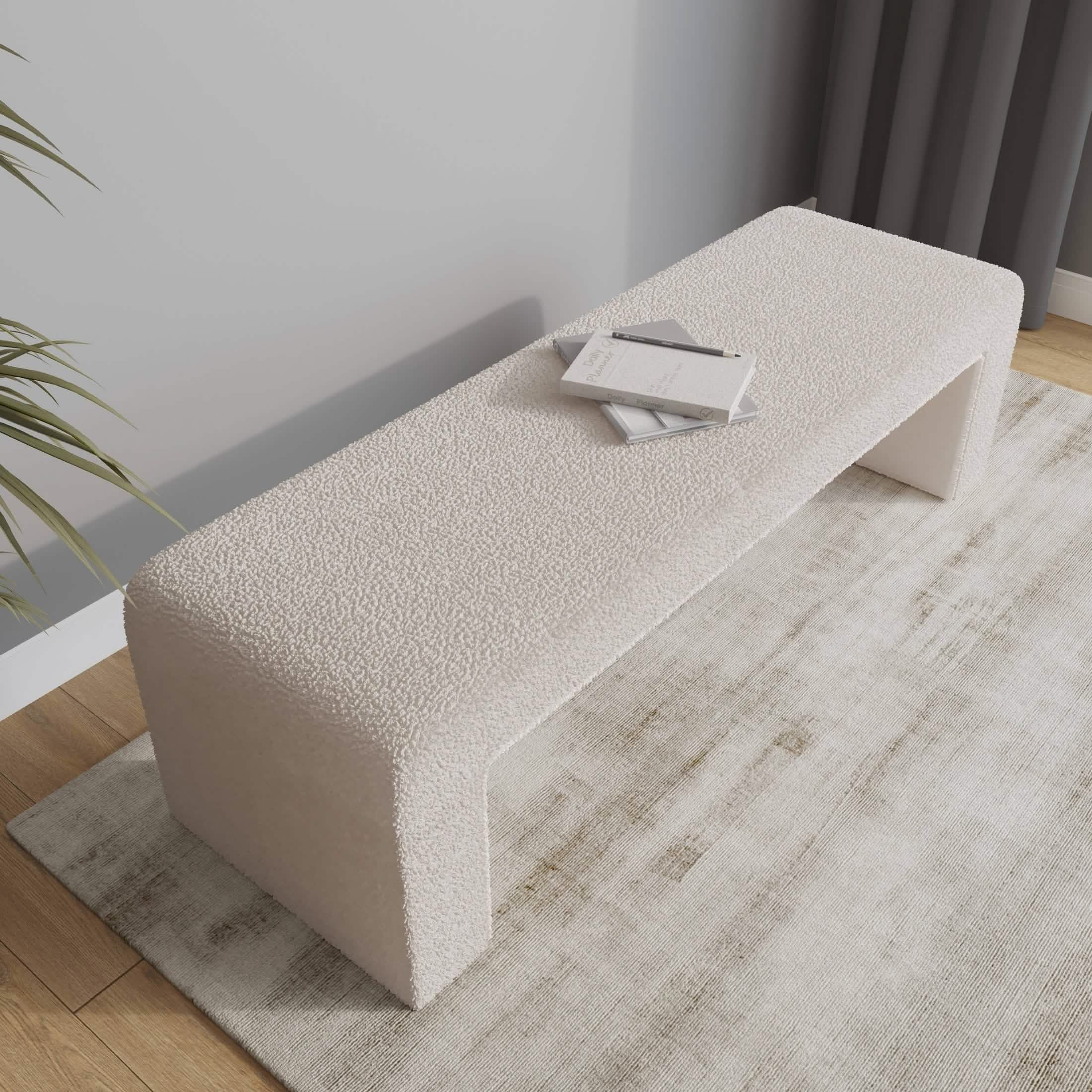 Vint 63" Wide Upholstered Bench in Boucle/Velvet with Curved Waterfall Design White BENCH Leisuremod