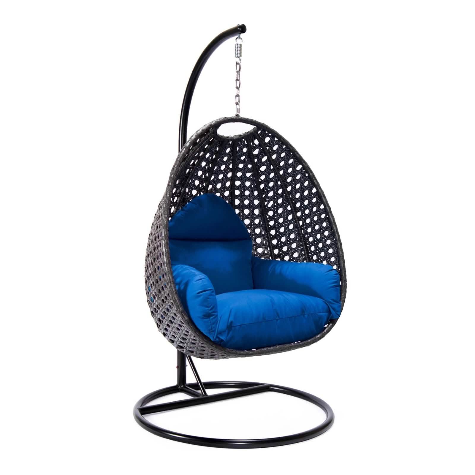 Charcoal Wicker Hanging Single Egg Swing Chair With Cushions Blue Leisuremod