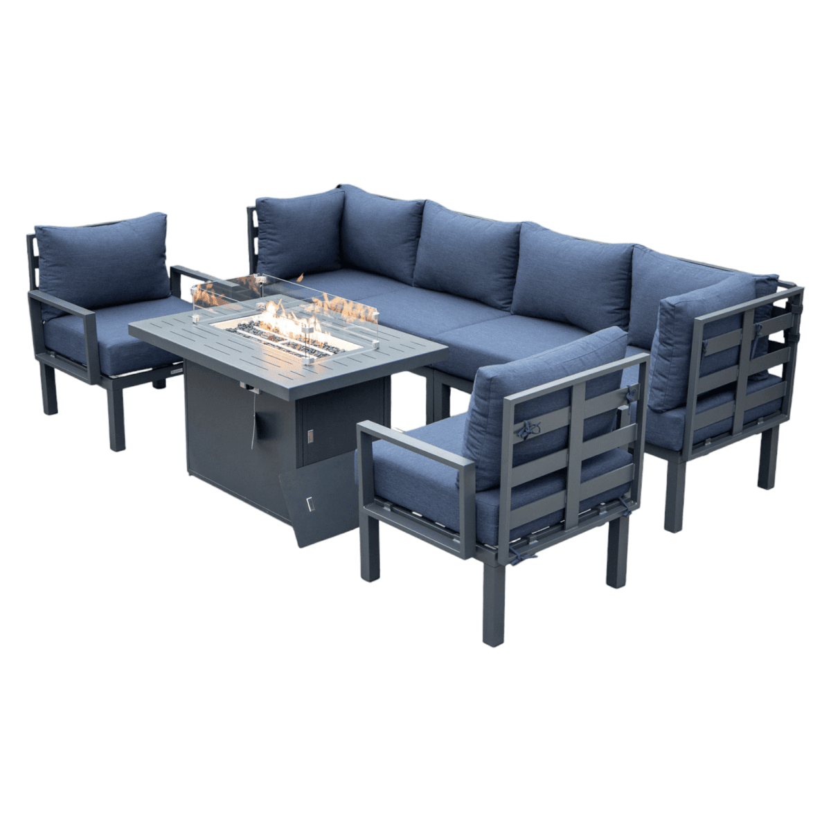 Leisuremod Blue Chelsea 7-Piece Patio Sectional Set in Black Aluminum with Fire Pit Table