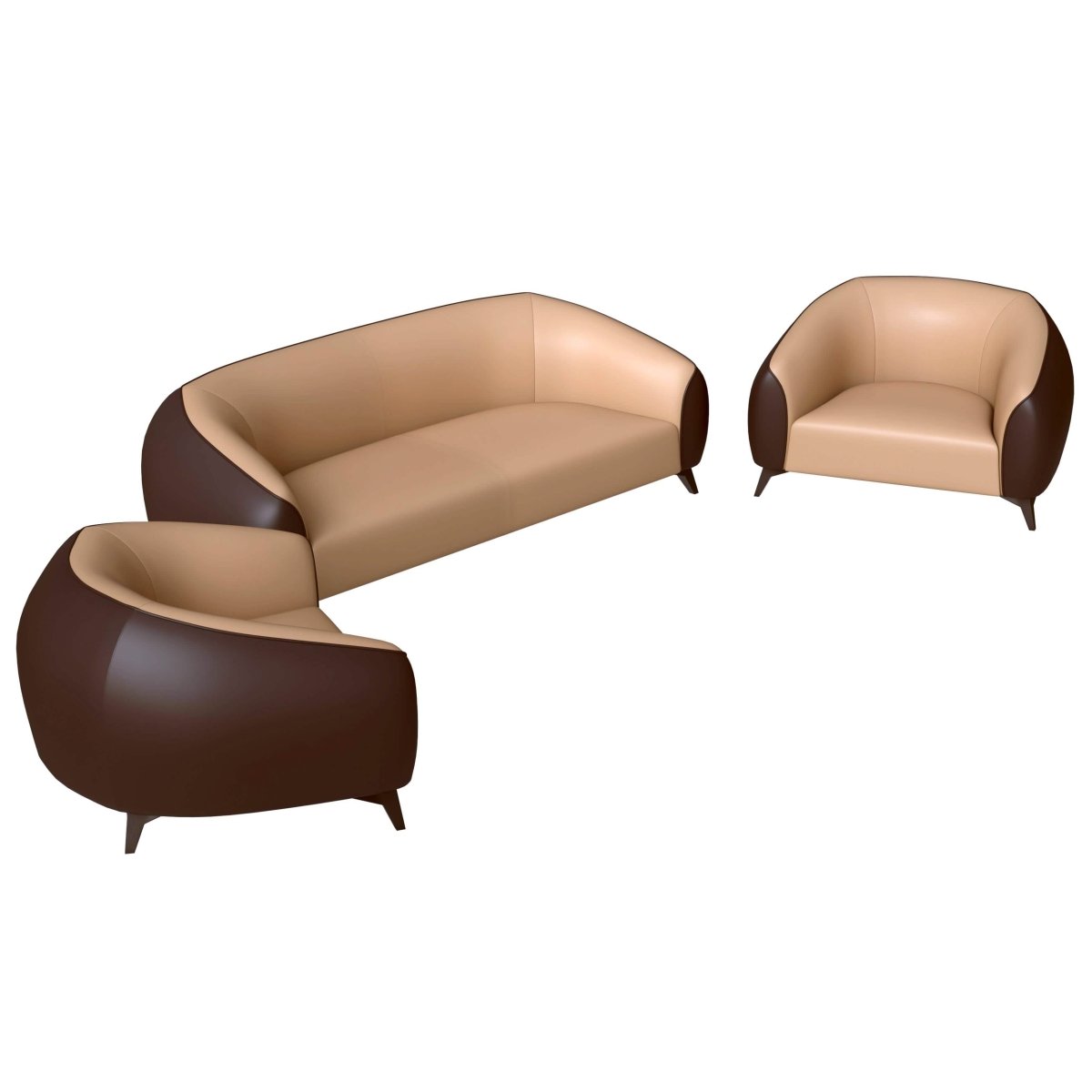 Opula 3-Piece Leather Sofa Set with Solid Wood Frame and Stainless Steel Legs Brown Leisuremod