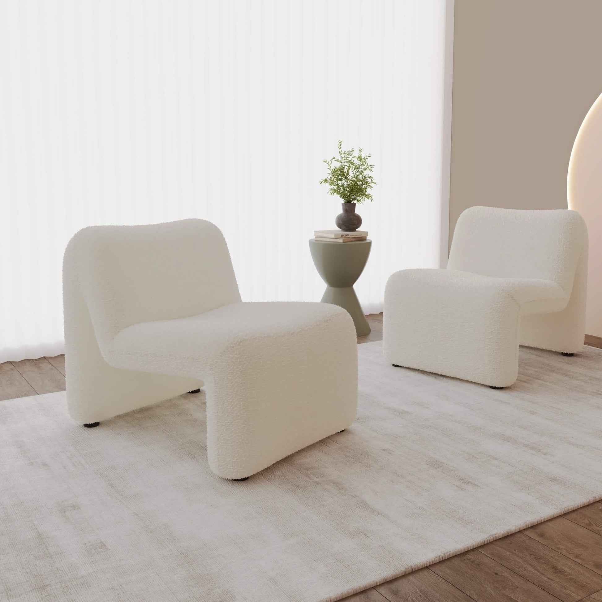 Klyx Accent Chair Upholstered in Boucle/Velvet Padded Seat and Back with Iron Frame White Boucle Chair Leisuremod