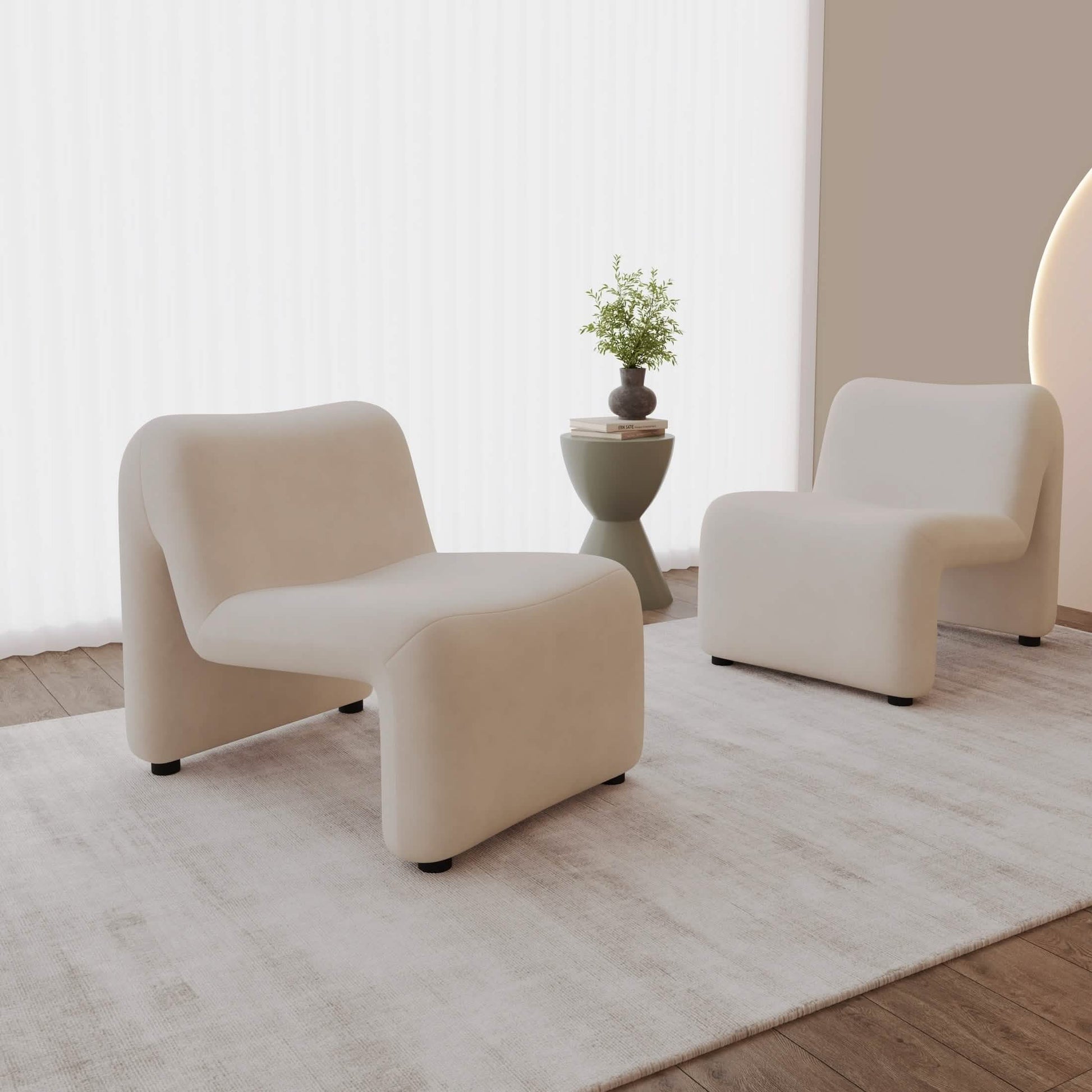 Klyx Accent Chair Upholstered in Boucle/Velvet Padded Seat and Back with Iron Frame Beige Velvet Chair Leisuremod