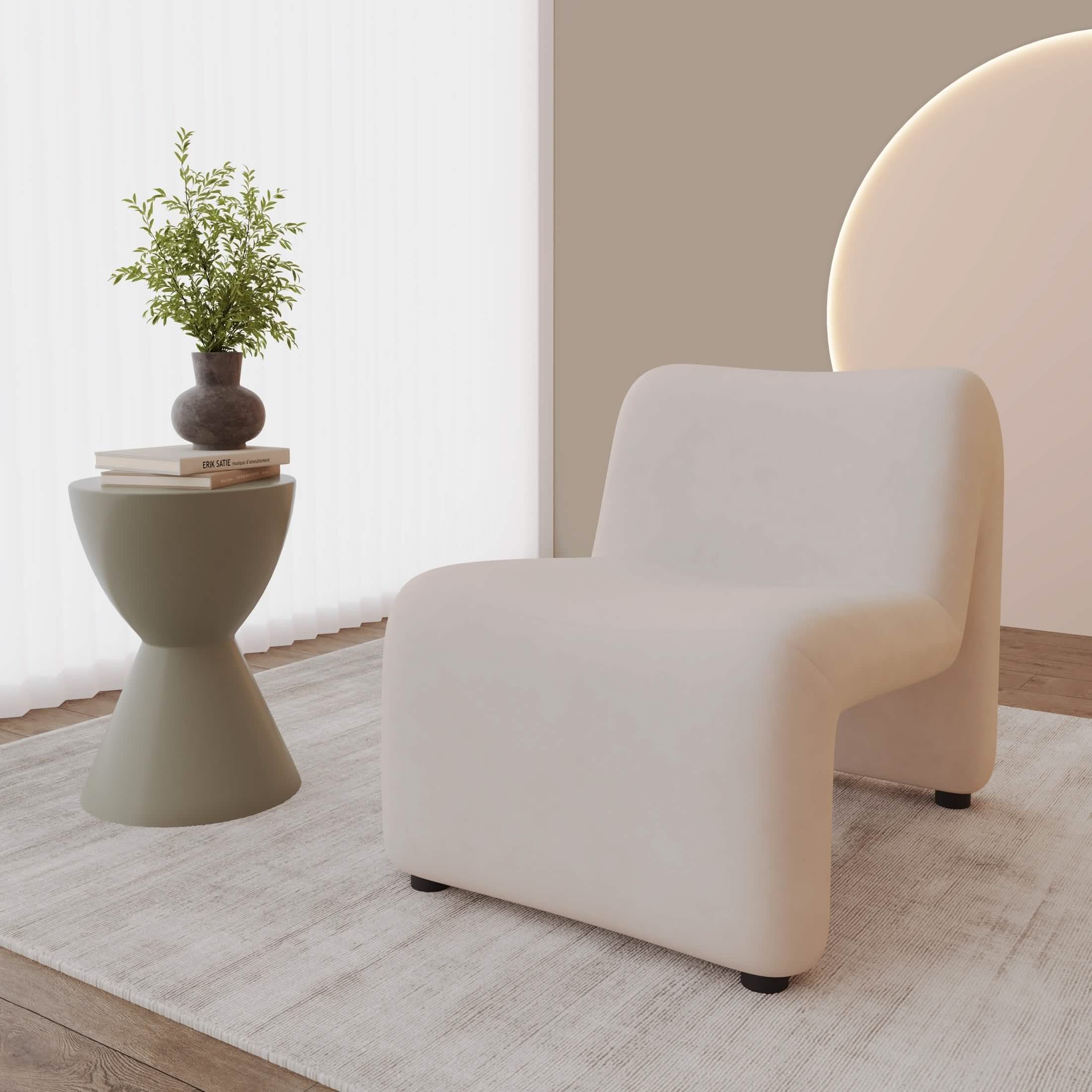 Klyx Accent Chair Upholstered in Boucle/Velvet Padded Seat and Back with Iron Frame Beige Velvet Chair Leisuremod