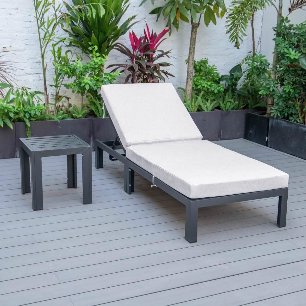 Chelsea Outdoor Chaise Lounge Chair With Side Table and Removable Cushions Chaise Lounge Chair Leisuremod