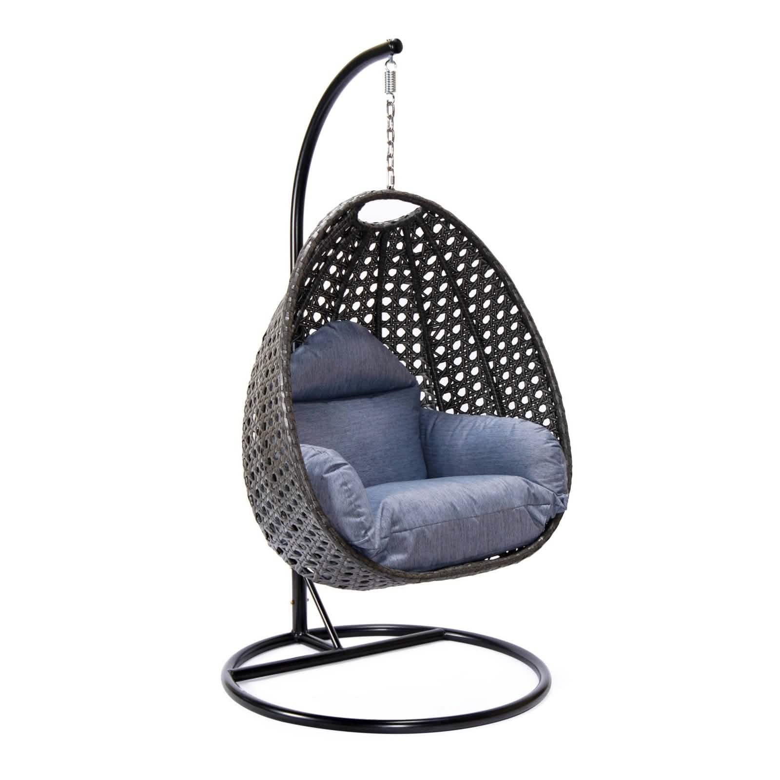Charcoal Wicker Hanging Single Egg Swing Chair With Cushions Charcoal Blue Leisuremod