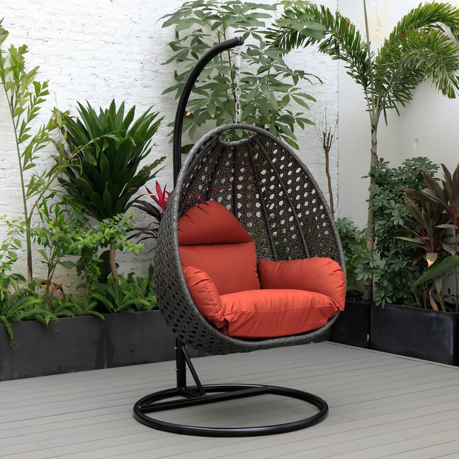 Charcoal Wicker Hanging Single Egg Swing Chair With Cushions Taupe Leisuremod
