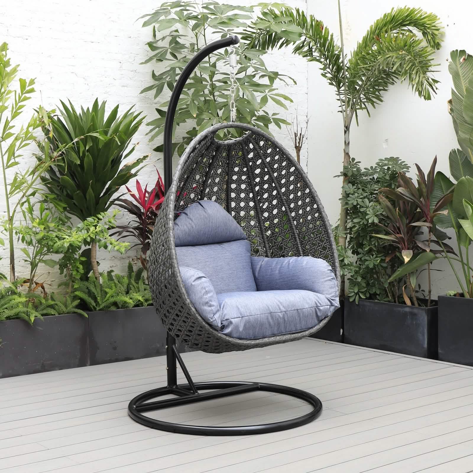 Charcoal Wicker Hanging Single Egg Swing Chair With Cushions Taupe Leisuremod