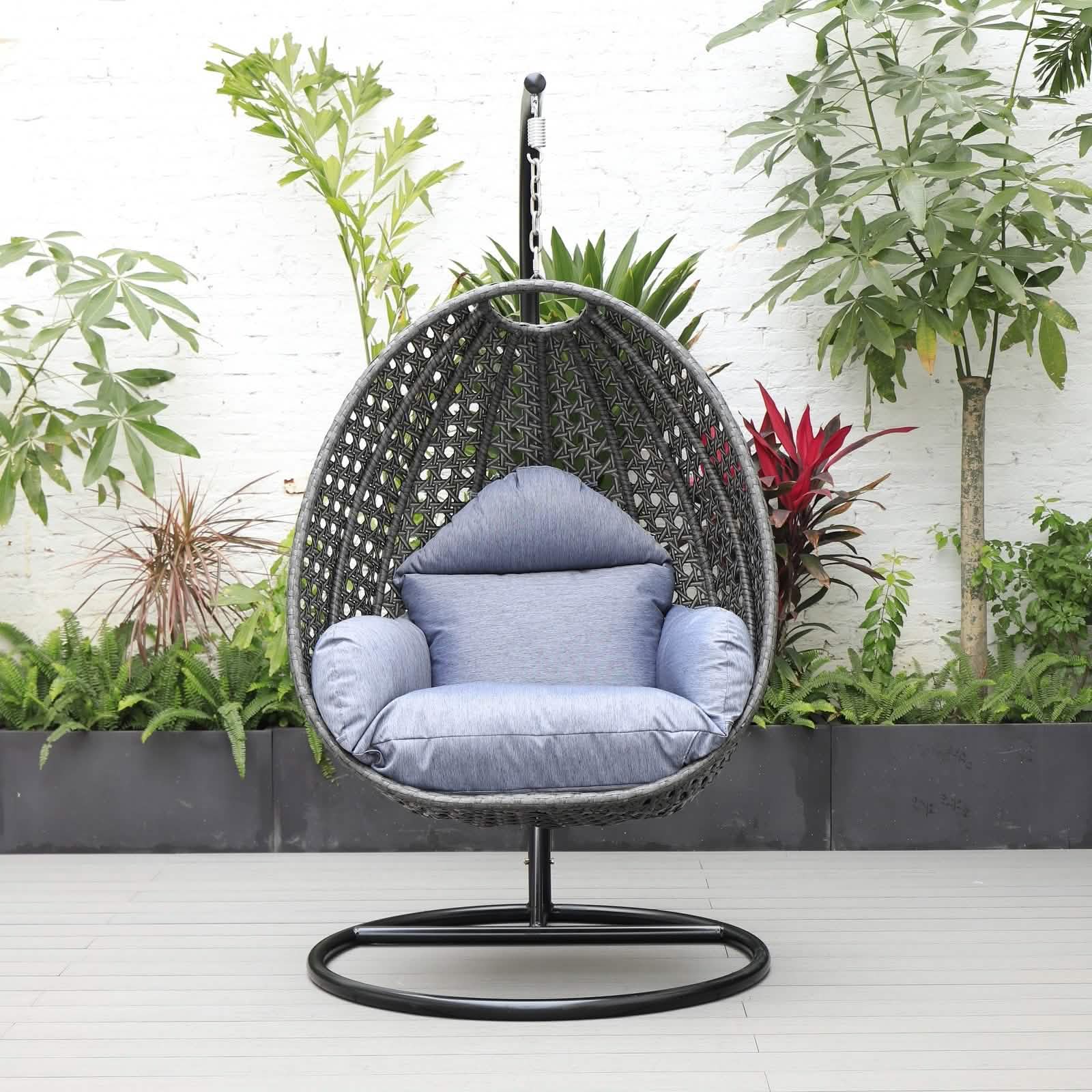 Charcoal Wicker Hanging Single Egg Swing Chair With Cushions Taupe Leisuremod