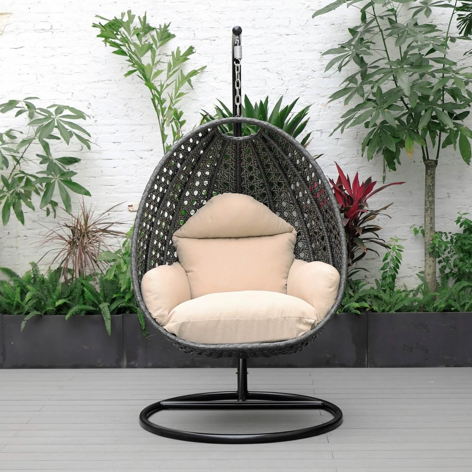 Charcoal Wicker Hanging Single Egg Swing Chair With Cushions Taupe Leisuremod