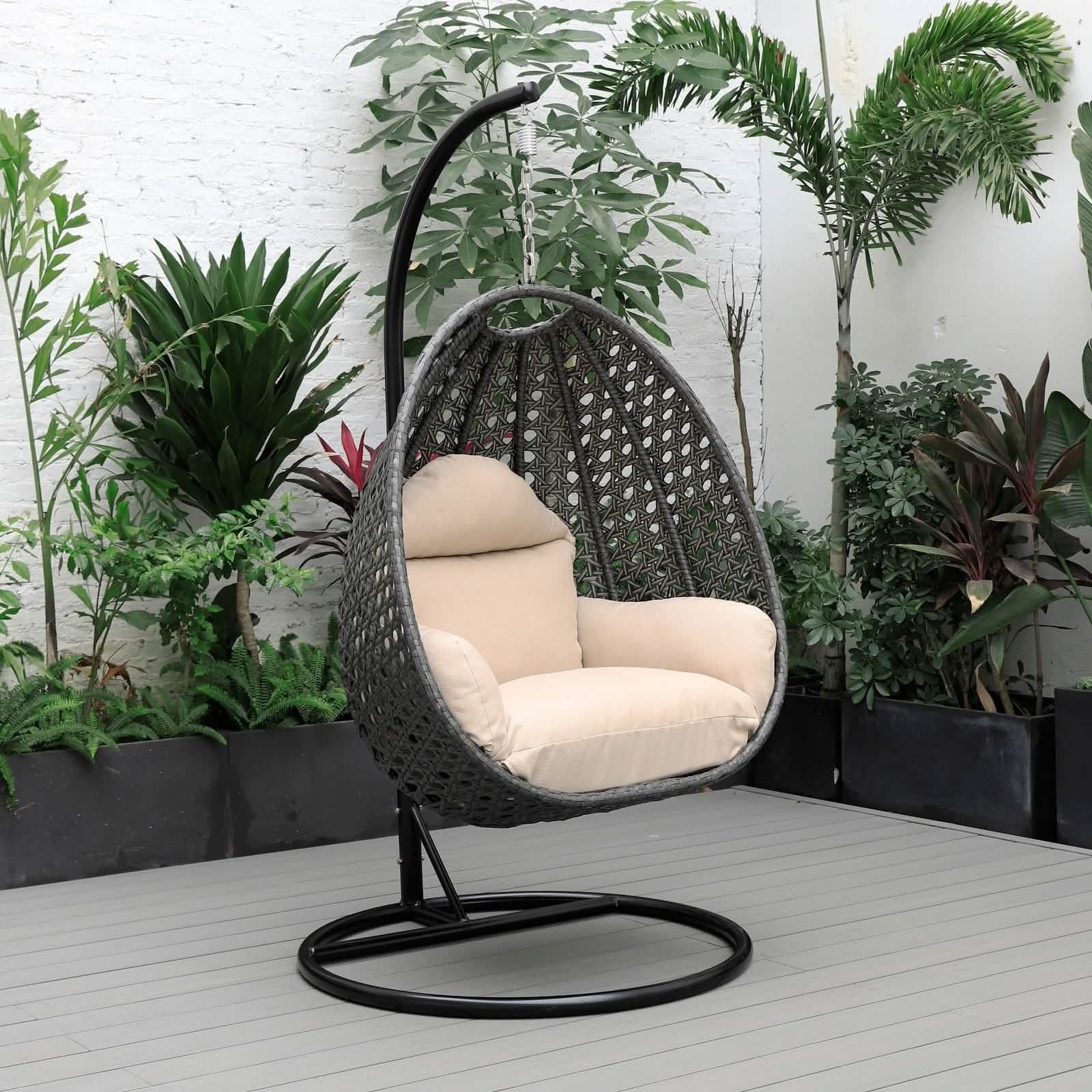 Charcoal Wicker Hanging Single Egg Swing Chair With Cushions Taupe Leisuremod