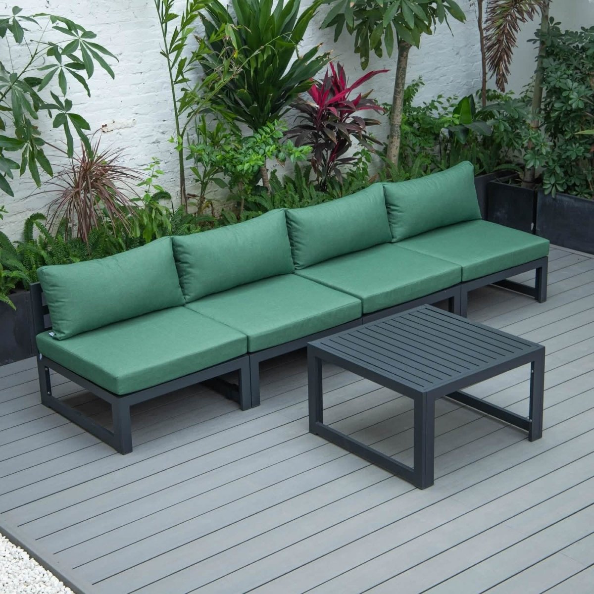 Chelsea 5-Piece Middle Patio Chairs and Coffee Table Set Black Aluminum With Cushions Leisuremod