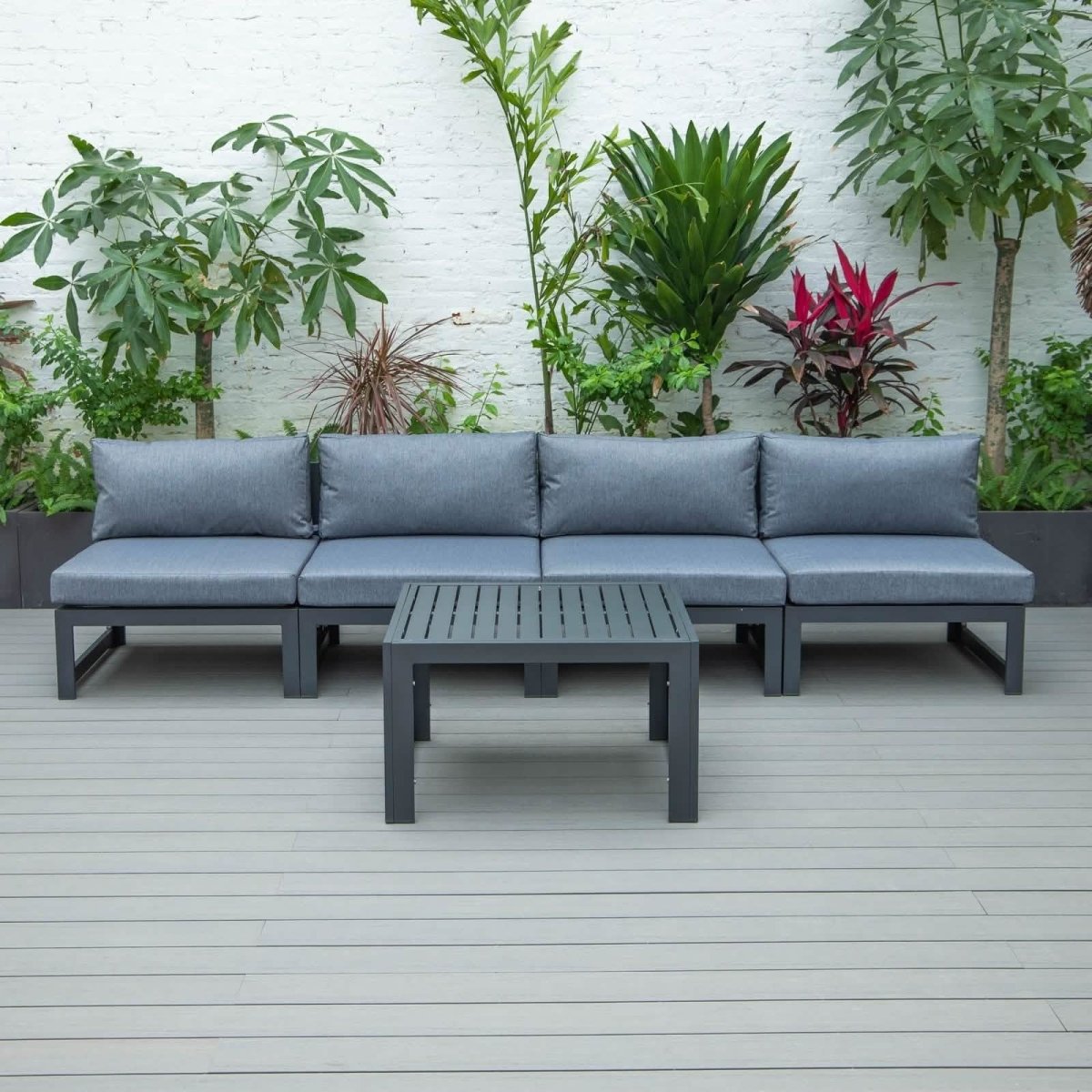 Chelsea 5-Piece Middle Patio Chairs and Coffee Table Set Black Aluminum With Cushions Leisuremod