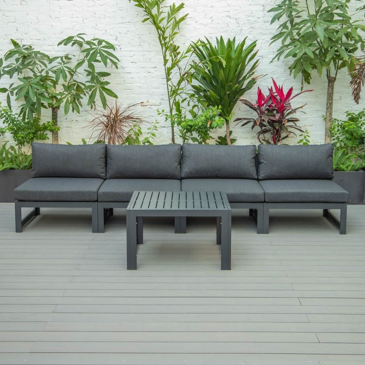 Chelsea 5-Piece Middle Patio Chairs and Coffee Table Set Black Aluminum With Cushions Leisuremod
