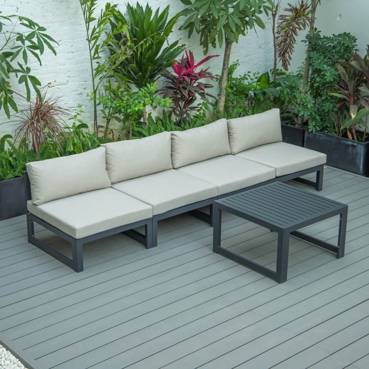 Chelsea 5-Piece Middle Patio Chairs and Coffee Table Set Black Aluminum With Cushions Leisuremod