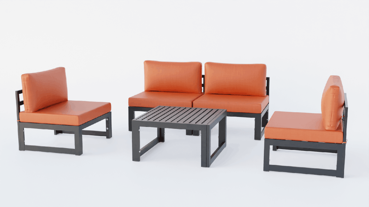 Chelsea 5-Piece Middle Patio Chairs and Coffee Table Set Black Aluminum With Cushions Leisuremod