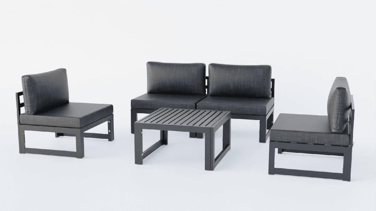 Chelsea 5-Piece Middle Patio Chairs and Coffee Table Set Black Aluminum With Cushions Leisuremod