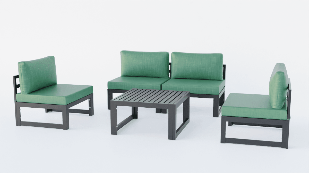 Chelsea 5-Piece Middle Patio Chairs and Coffee Table Set Black Aluminum With Cushions Leisuremod