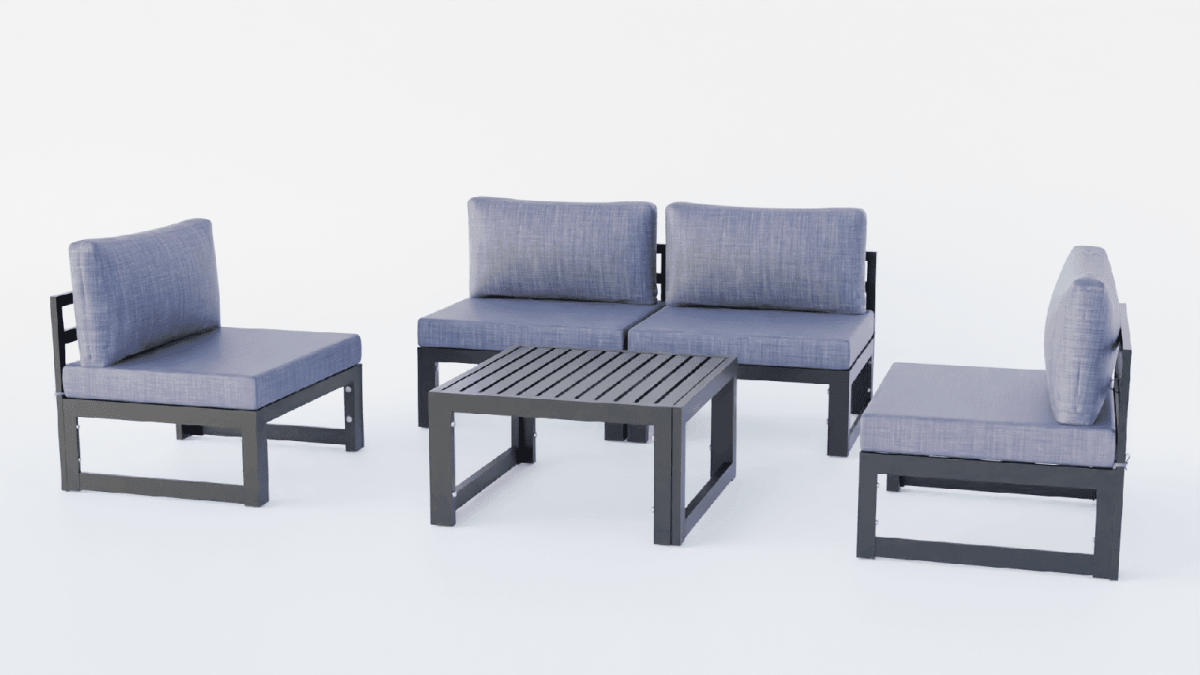 Chelsea 5-Piece Middle Patio Chairs and Coffee Table Set Black Aluminum With Cushions Leisuremod