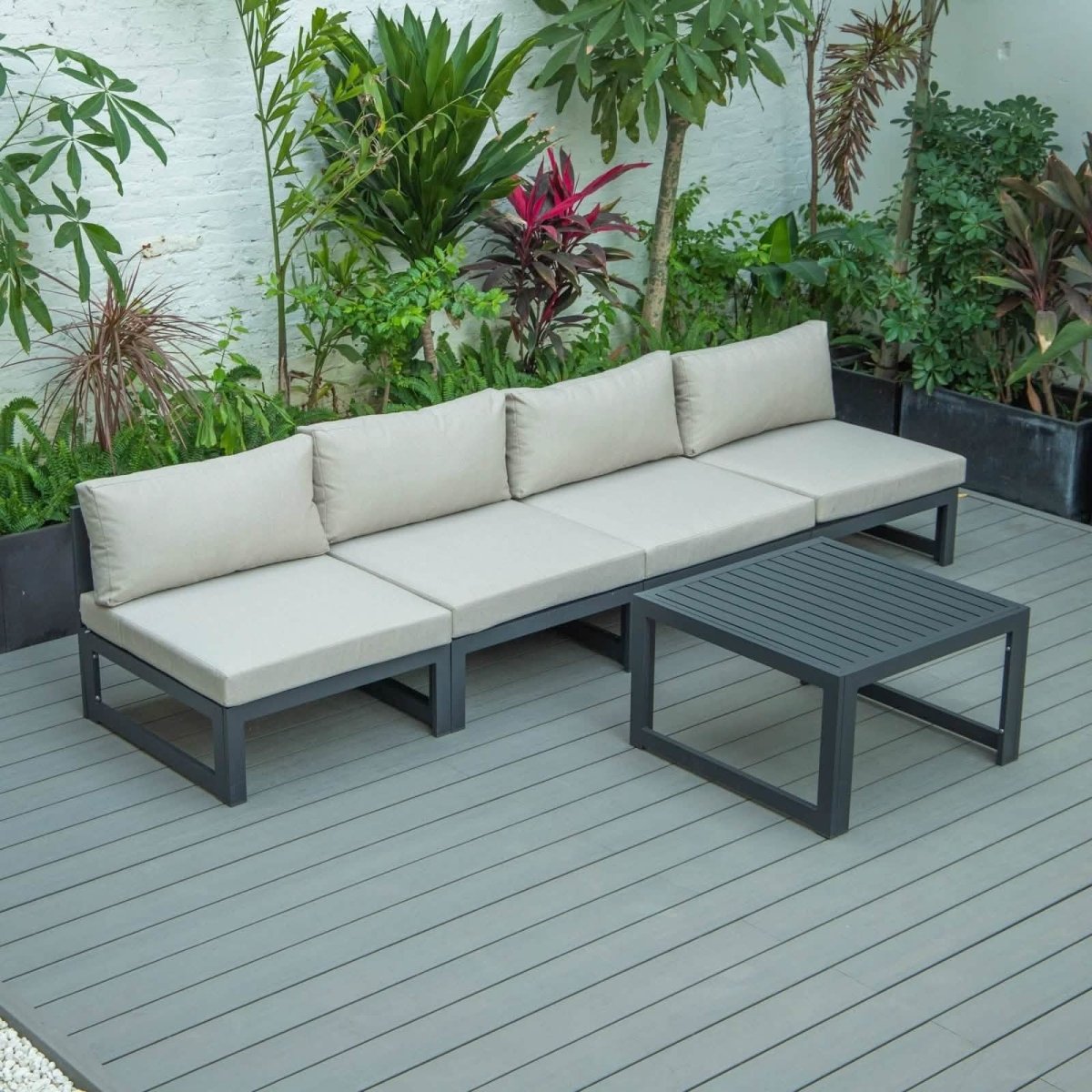Chelsea 5-Piece Middle Patio Chairs and Coffee Table Set Black Aluminum With Cushions Leisuremod