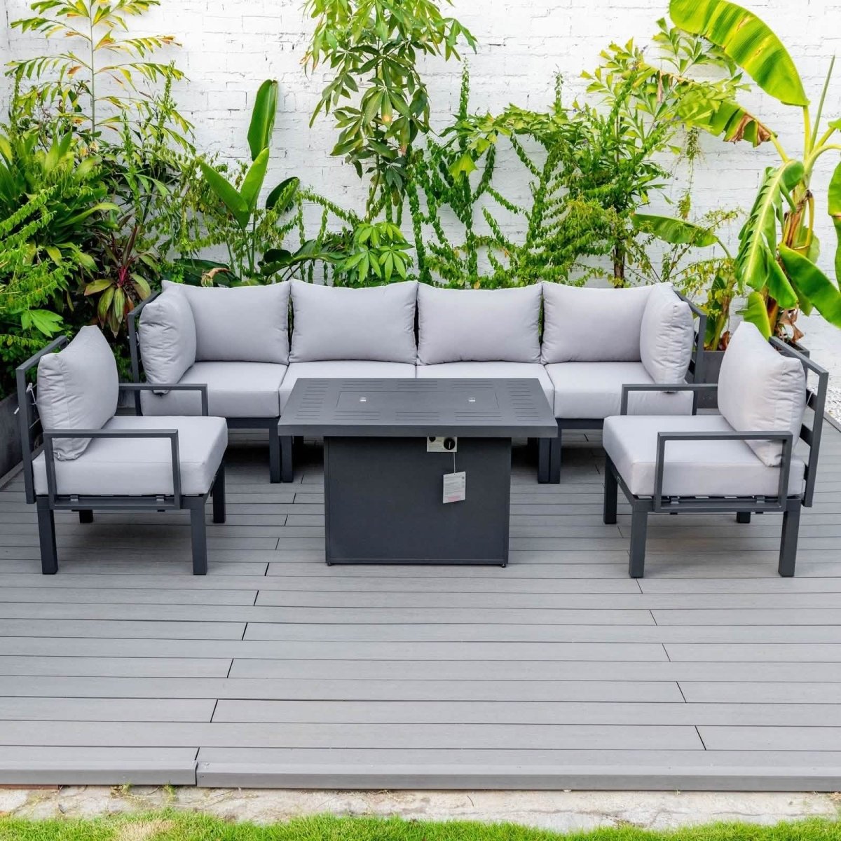 Leisuremod Chelsea 7-Piece Patio Sectional Set in Black Aluminum with Fire Pit Table