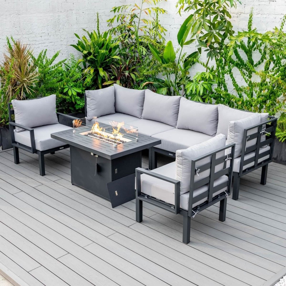 Leisuremod Chelsea 7-Piece Patio Sectional Set in Black Aluminum with Fire Pit Table
