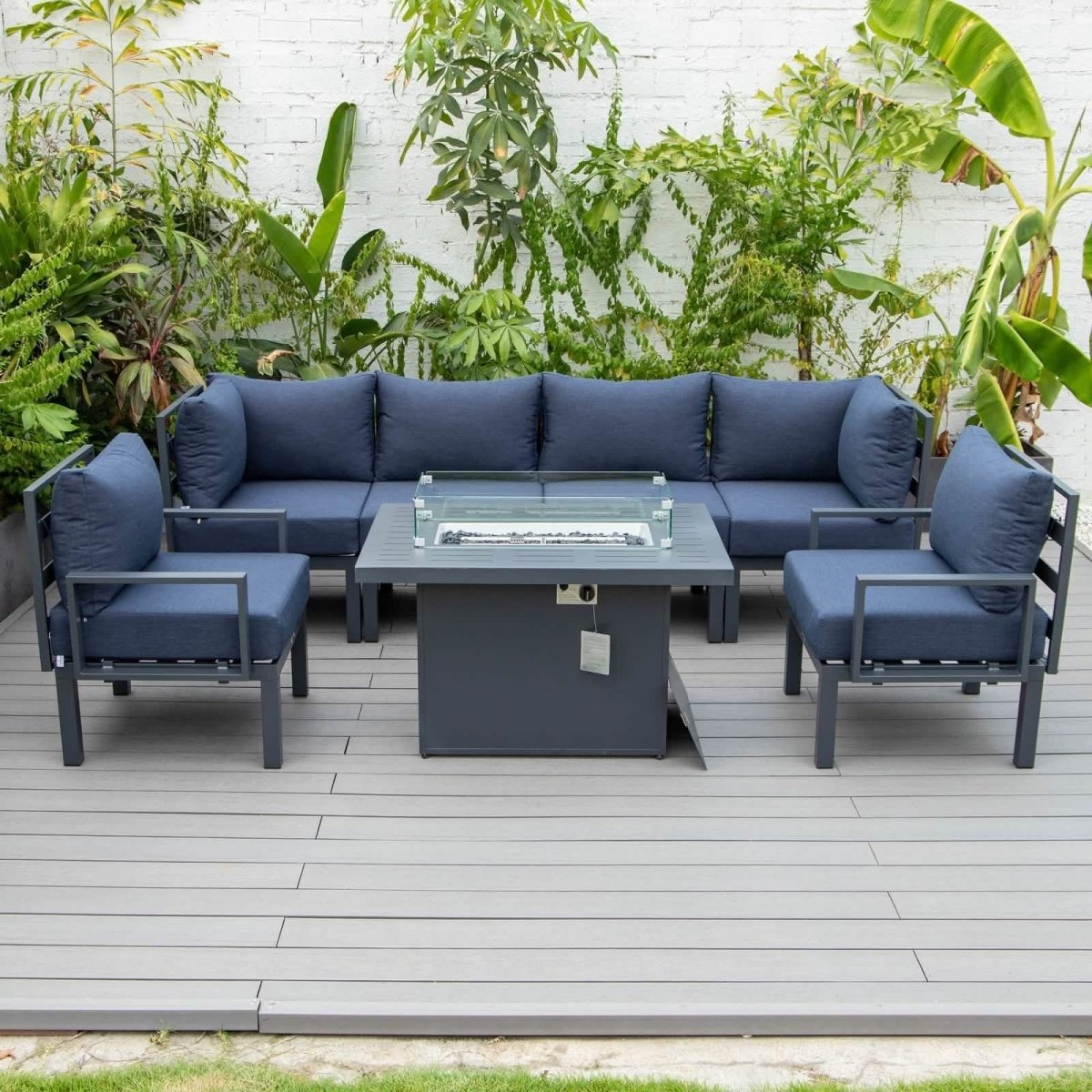 Leisuremod Chelsea 7-Piece Patio Sectional Set in Black Aluminum with Fire Pit Table