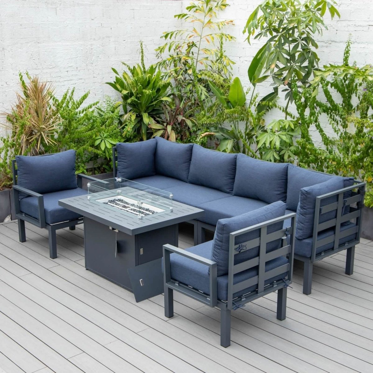 Leisuremod Chelsea 7-Piece Patio Sectional Set in Black Aluminum with Fire Pit Table