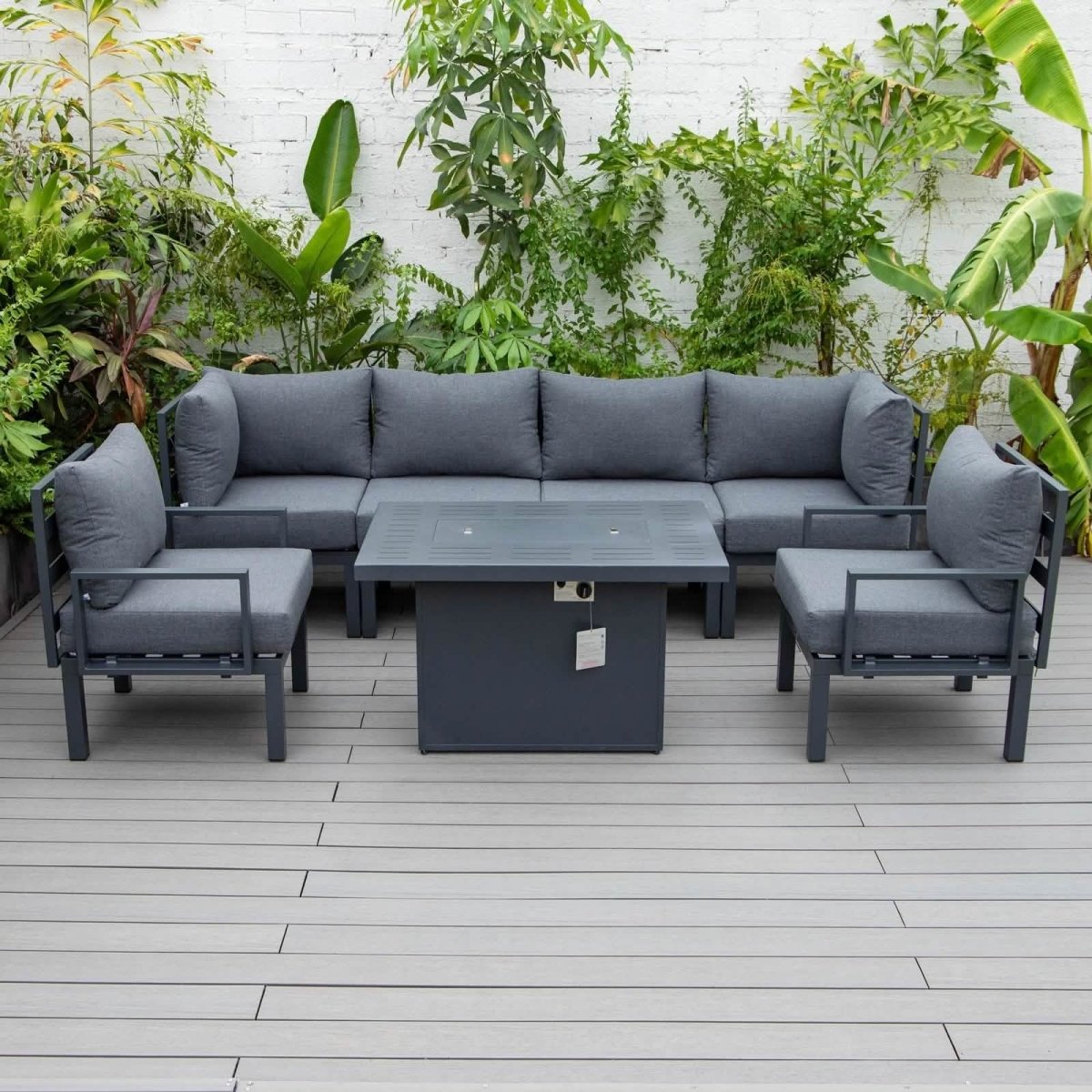 Leisuremod Chelsea 7-Piece Patio Sectional Set in Black Aluminum with Fire Pit Table