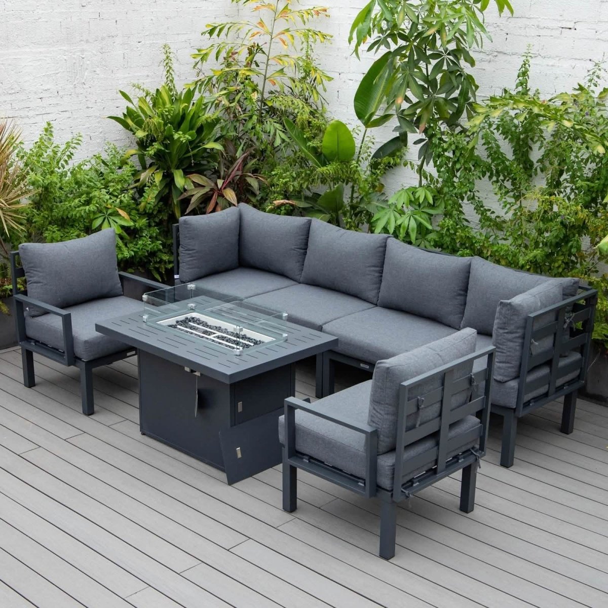 Leisuremod Chelsea 7-Piece Patio Sectional Set in Black Aluminum with Fire Pit Table