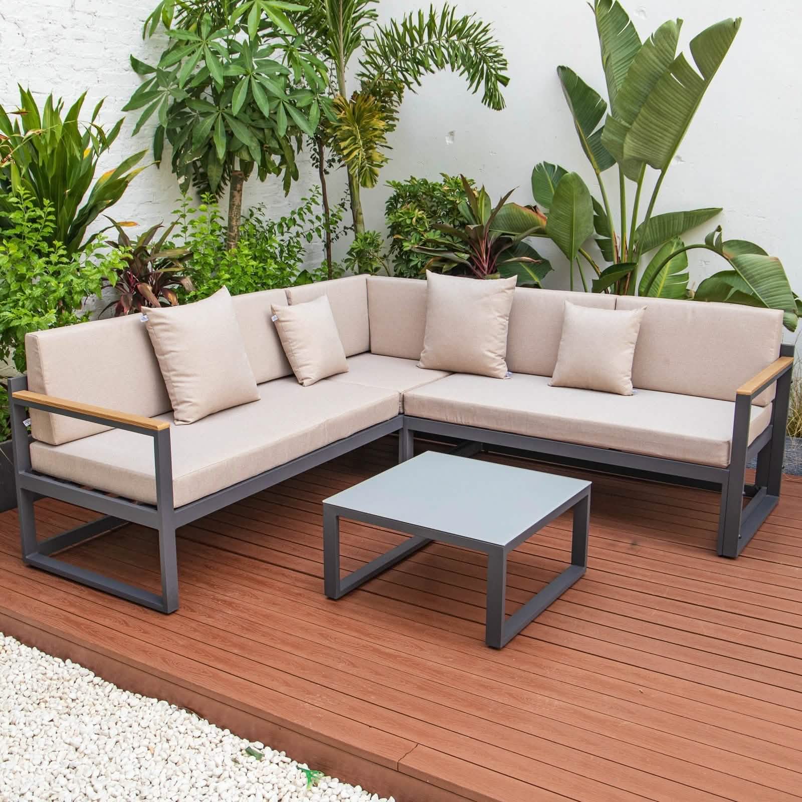 Leisuremod Chelsea Black/White Sectional With Adjustable Headrest & Coffee Table With Cushions