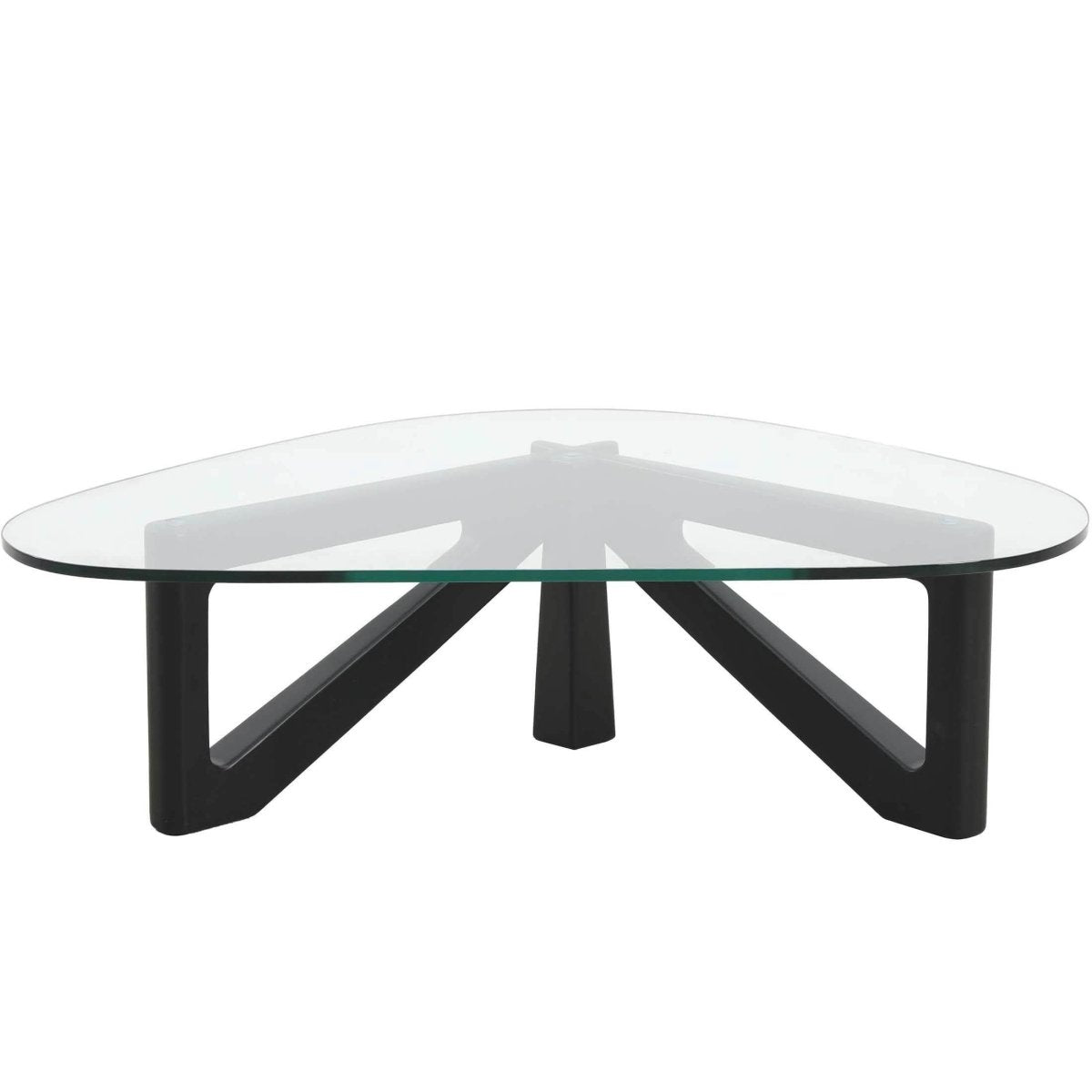 Imperial Triangular Coffee Table with a Glass Tabletop and Wood Base Black Coffee Table Leisuremod
