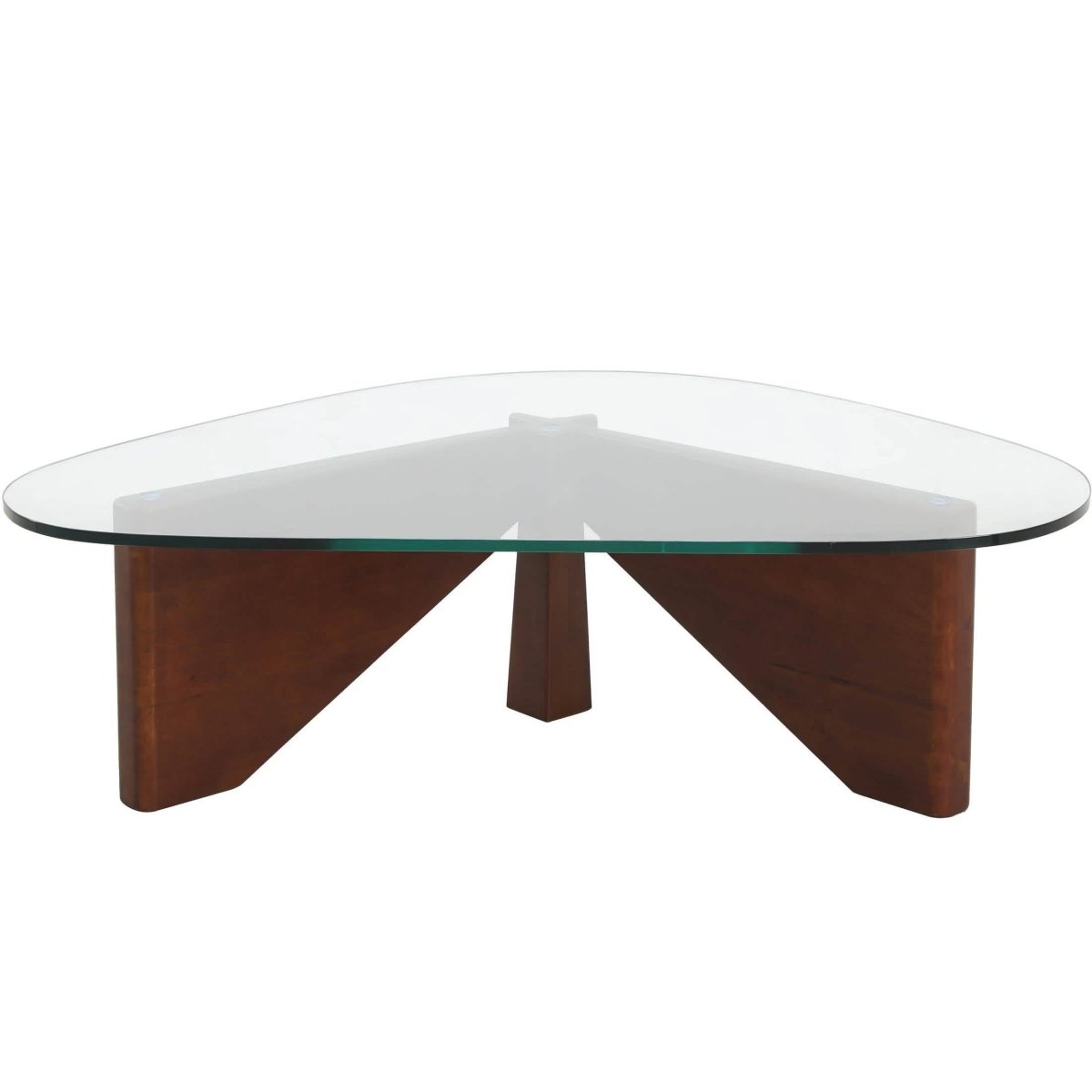 Imperial Triangular Coffee Table with a Glass Tabletop and Wood Base Dark Walnut Coffee Table Leisuremod