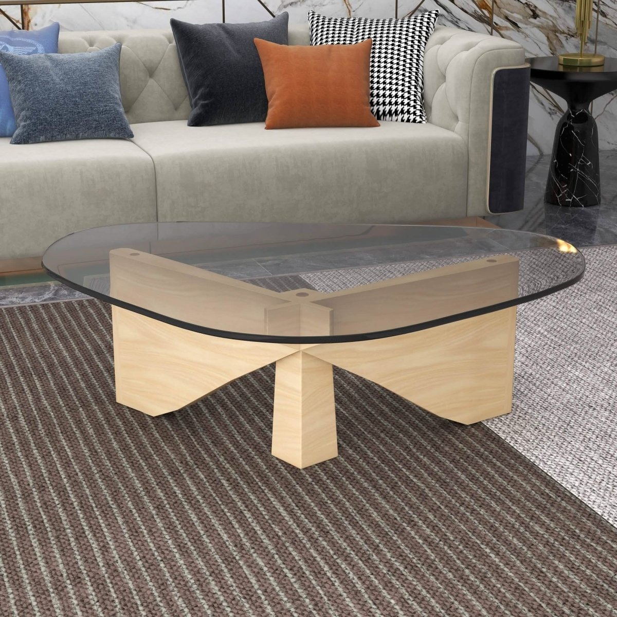 Imperial Triangular Coffee Table with a Glass Tabletop and Wood Base Natural Wood Coffee Table Leisuremod