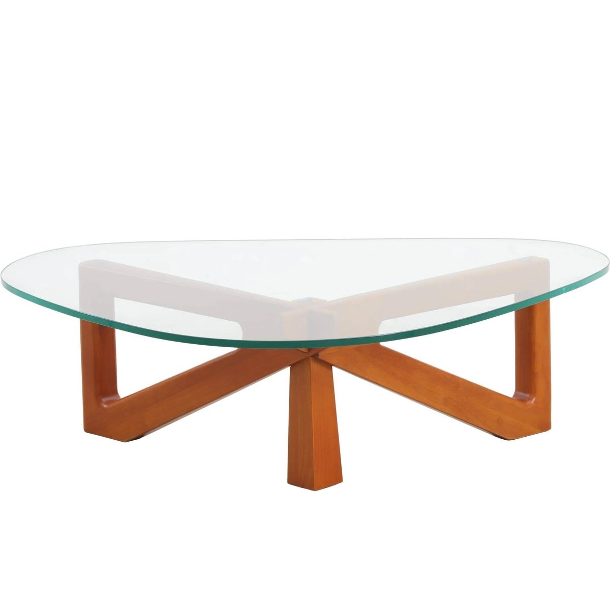 Imperial Triangular Coffee Table with a Glass Tabletop and Wood Base Light Walnut Coffee Table Leisuremod
