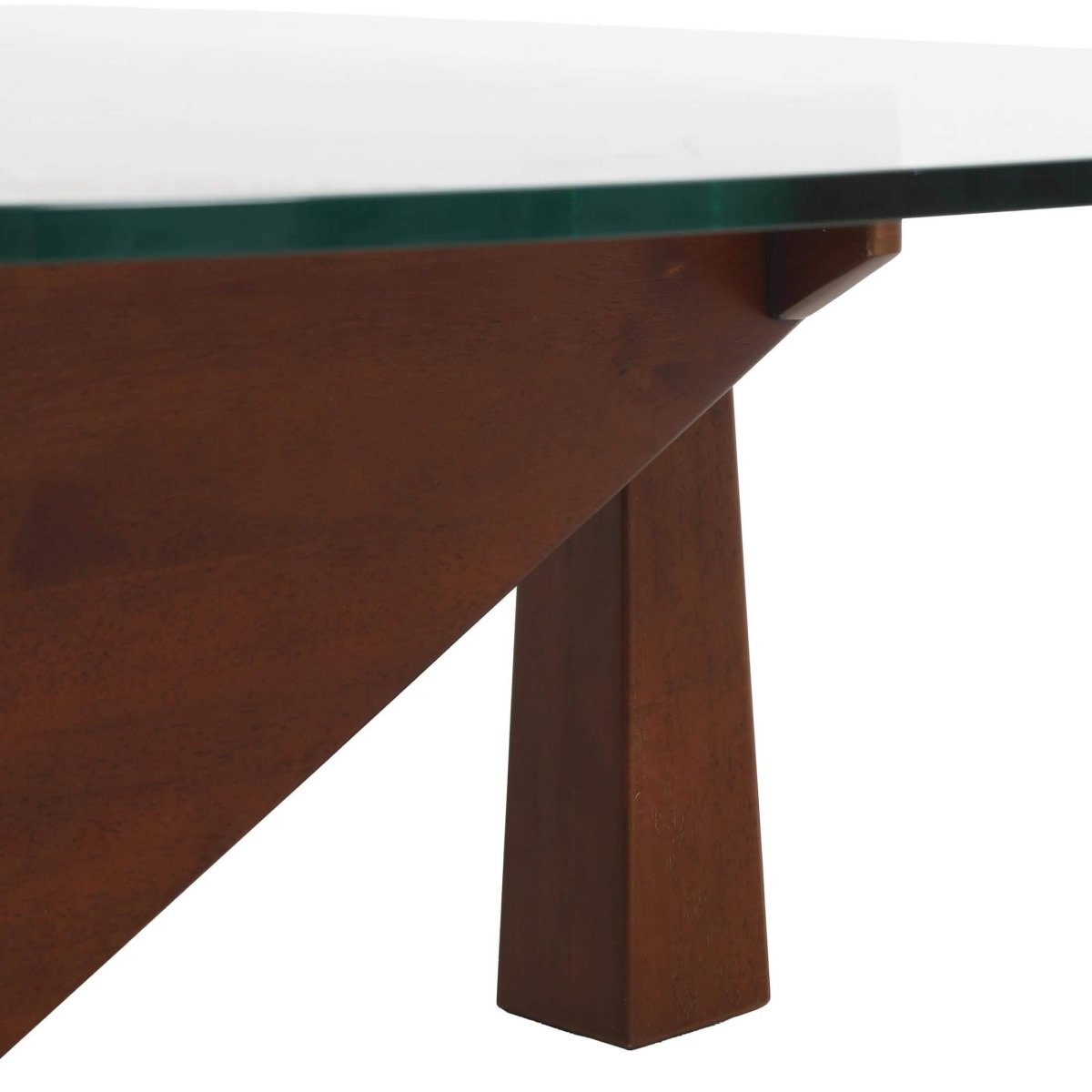 Imperial Triangular Coffee Table with a Glass Tabletop and Wood Base Dark Walnut Coffee Table Leisuremod