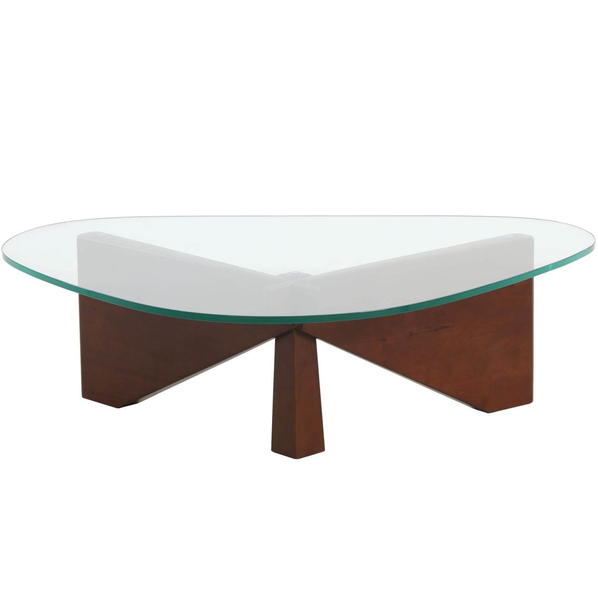 Imperial Triangular Coffee Table with a Glass Tabletop and Wood Base Dark Walnut Coffee Table Leisuremod