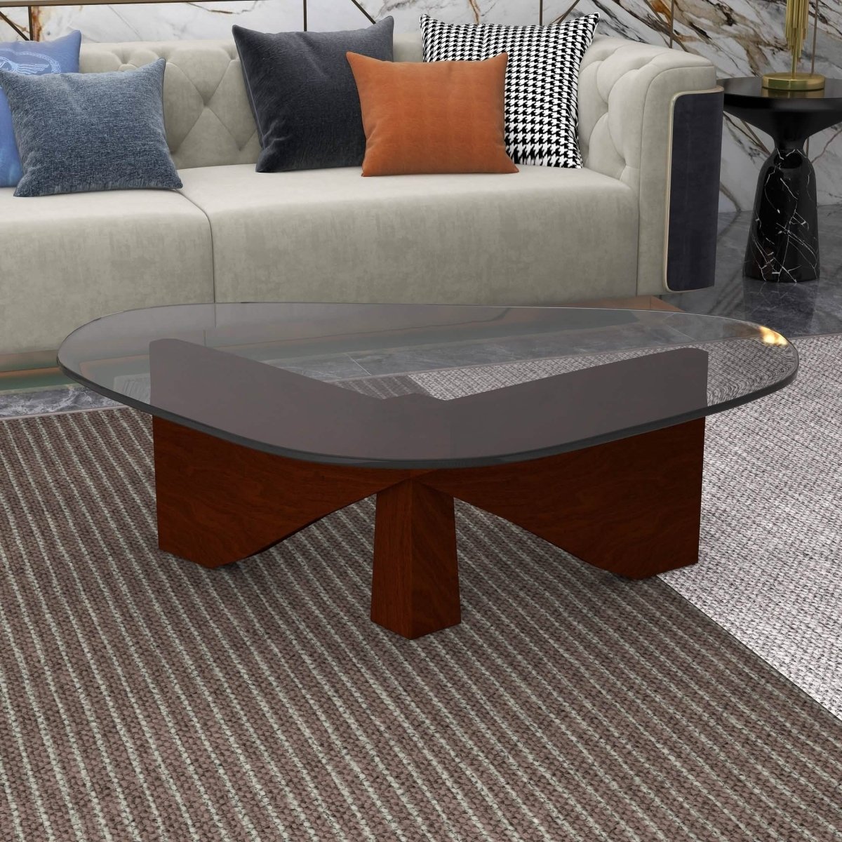 Imperial Triangular Coffee Table with a Glass Tabletop and Wood Base Dark Walnut Coffee Table Leisuremod