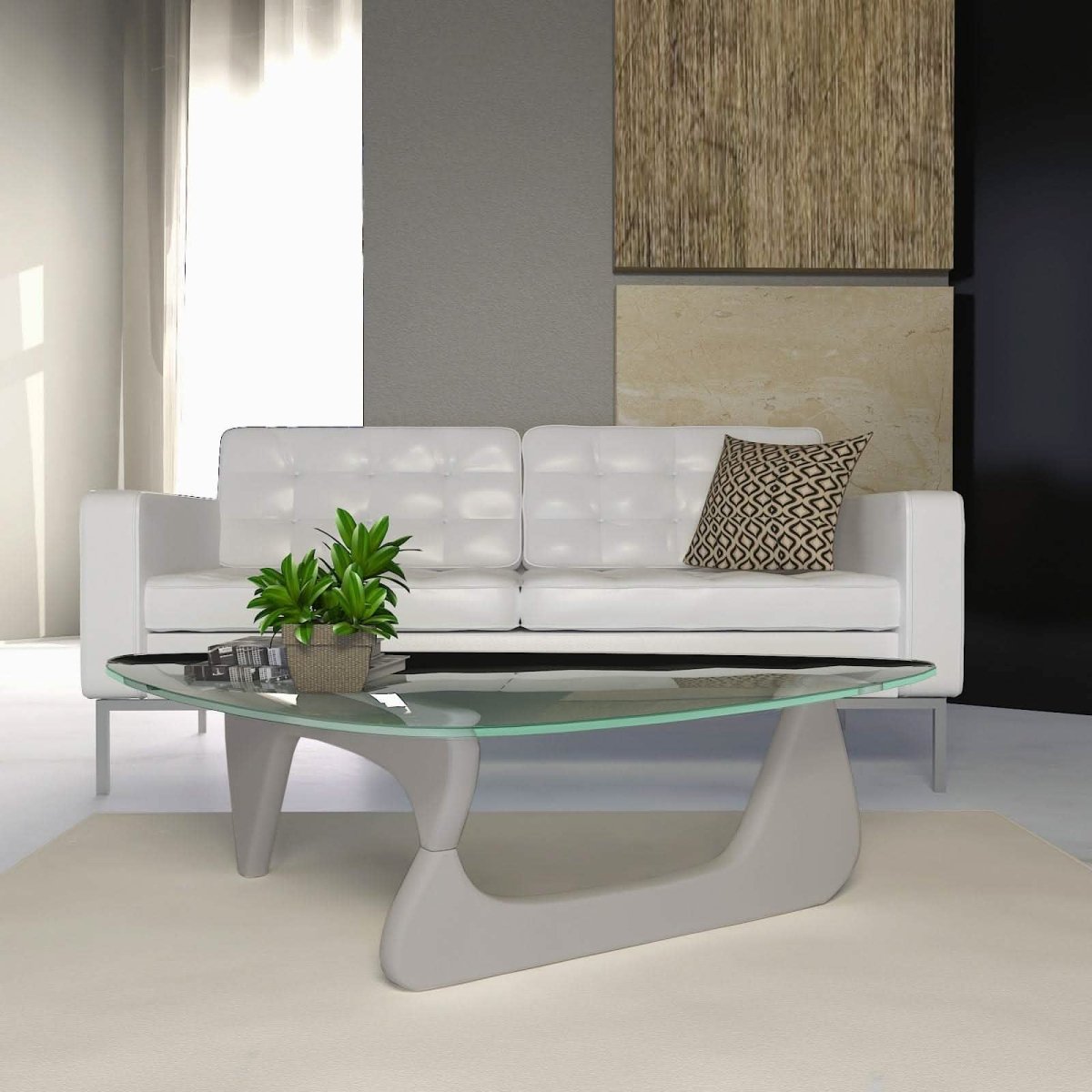 Imperial Triangular Coffee Table with a Glass Tabletop and Wood Base Dark Walnut Coffee Table Leisuremod