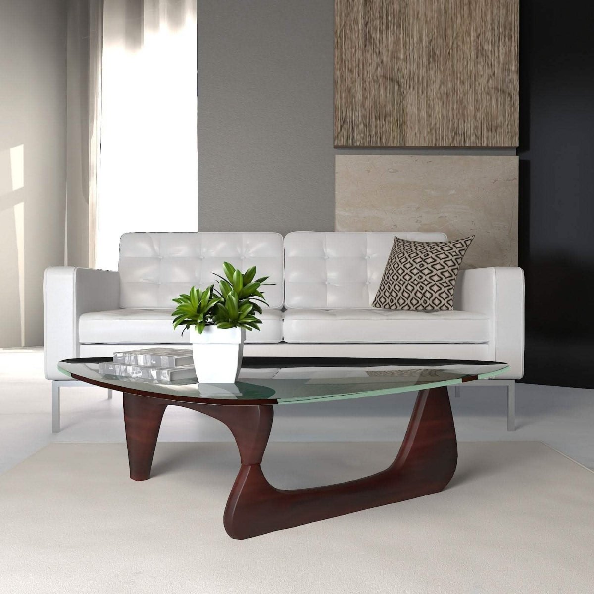 Imperial Triangular Coffee Table with a Glass Tabletop and Wood Base Black Coffee Table Leisuremod
