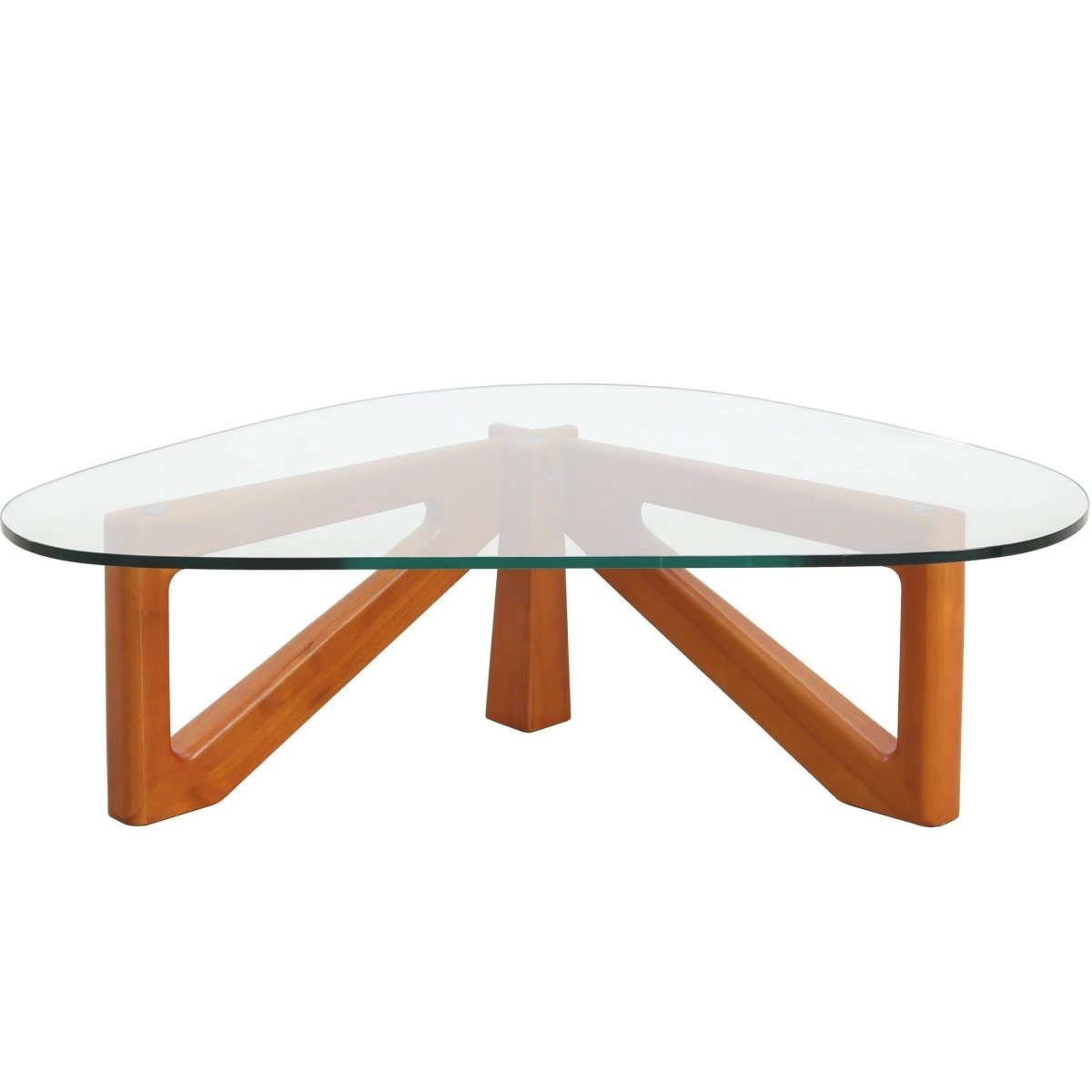 Imperial Triangular Coffee Table with a Glass Tabletop and Wood Base Light Walnut Coffee Table Leisuremod