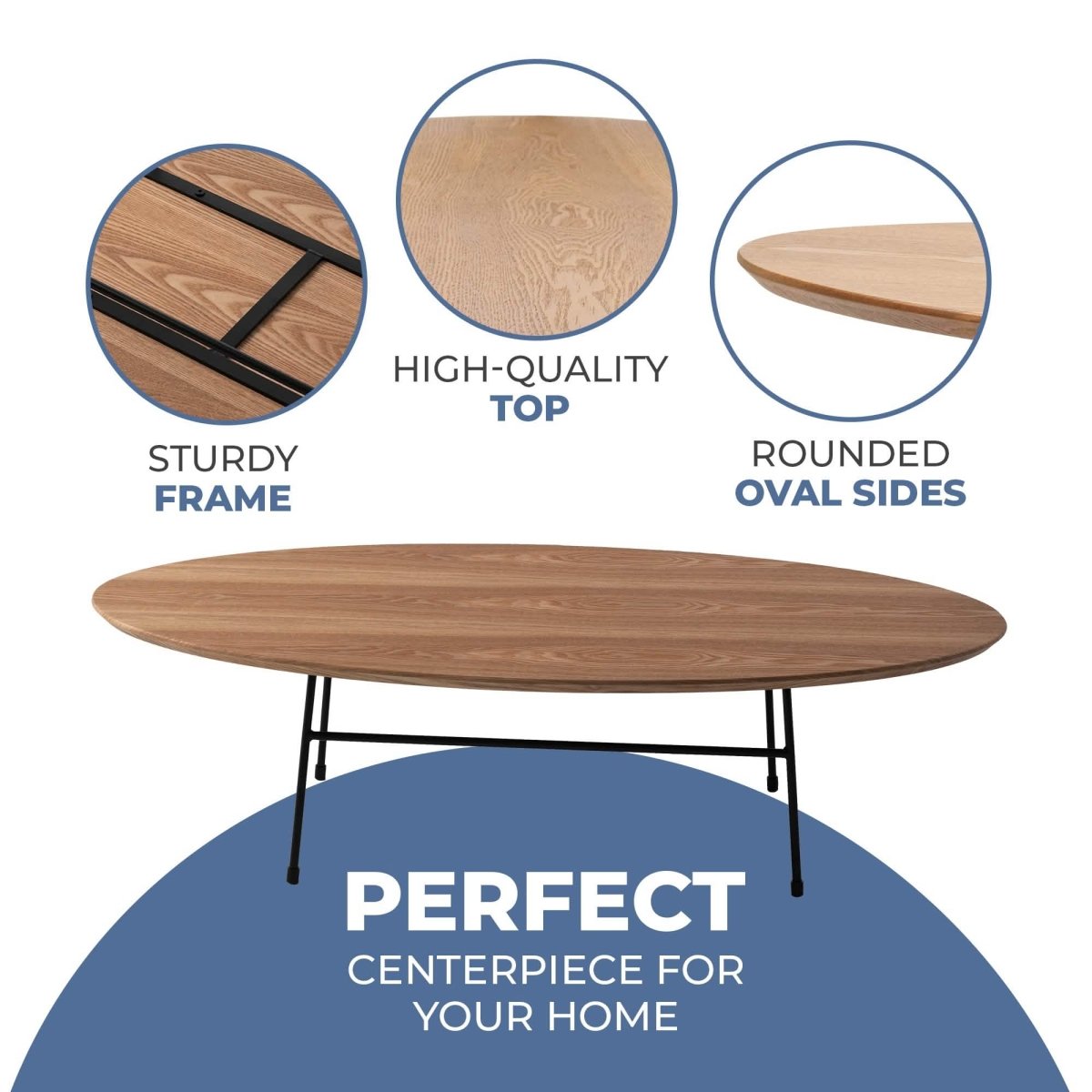Leisuremod Coffee Table Rossmore Oval Coffee Table with MDF Wood Tabletop in Black/White Steel Frame