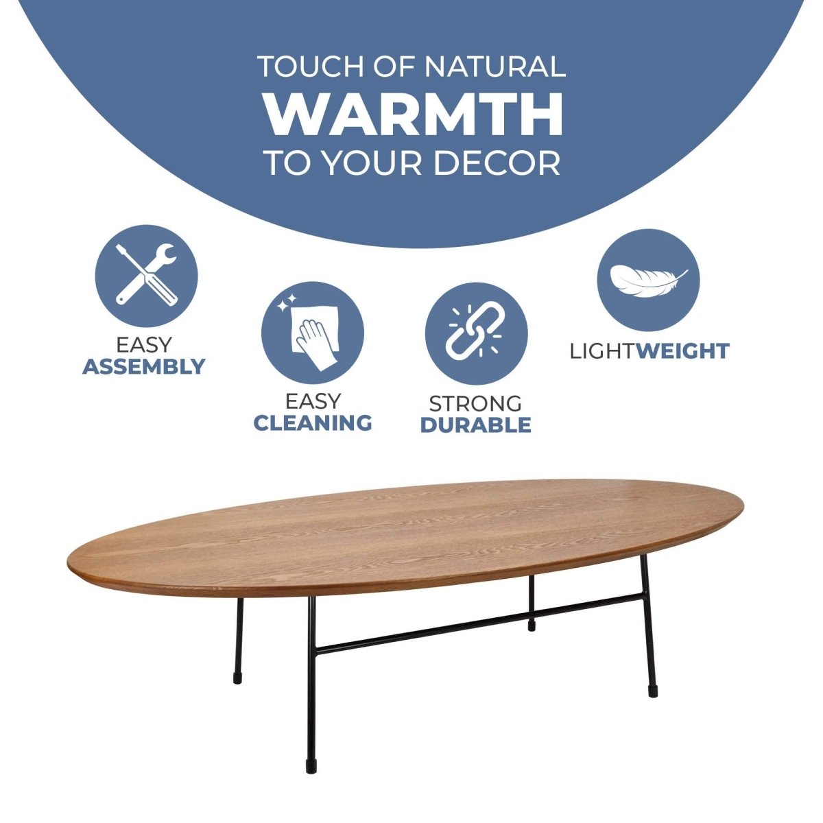 Leisuremod Coffee Table Rossmore Oval Coffee Table with MDF Wood Tabletop in Black/White Steel Frame