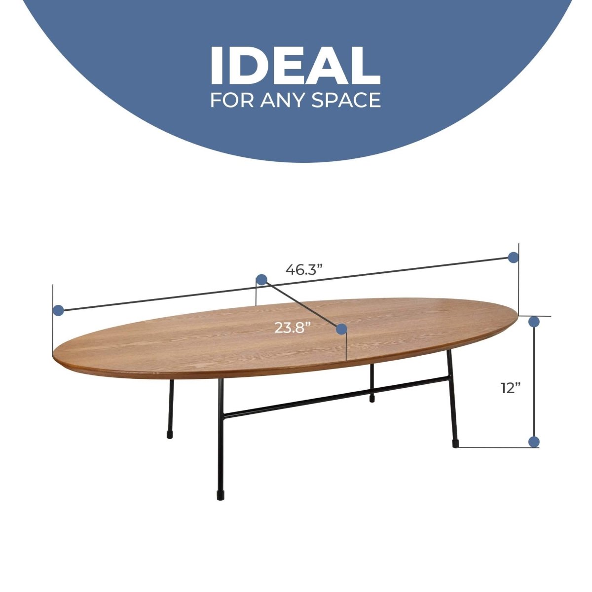 Leisuremod Coffee Table Rossmore Oval Coffee Table with MDF Wood Tabletop in Black/White Steel Frame
